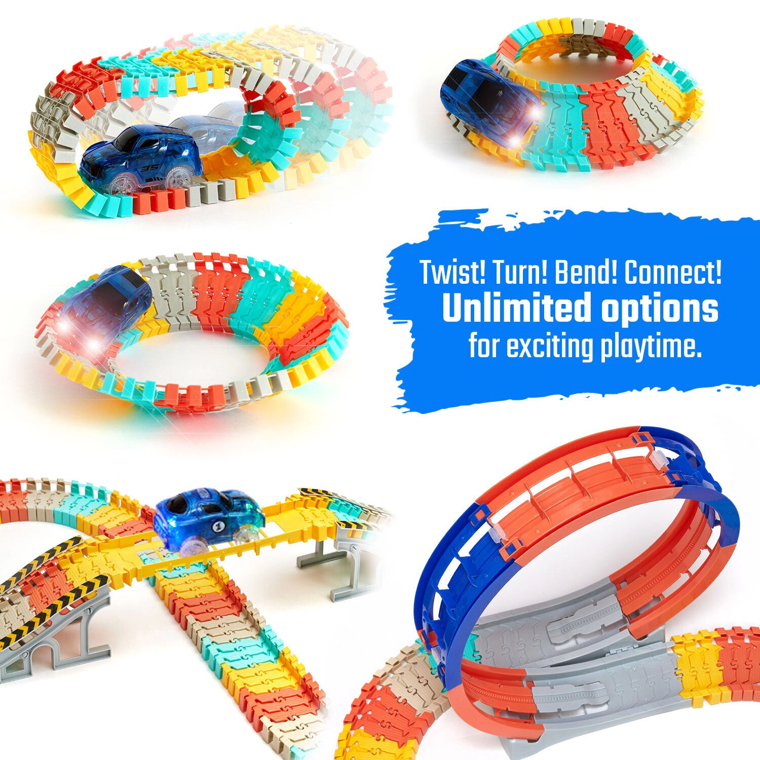 JitteryGit Kids Glow Race Track Set - 182-Piece Track with Loop, Bridge & Glow Stickers