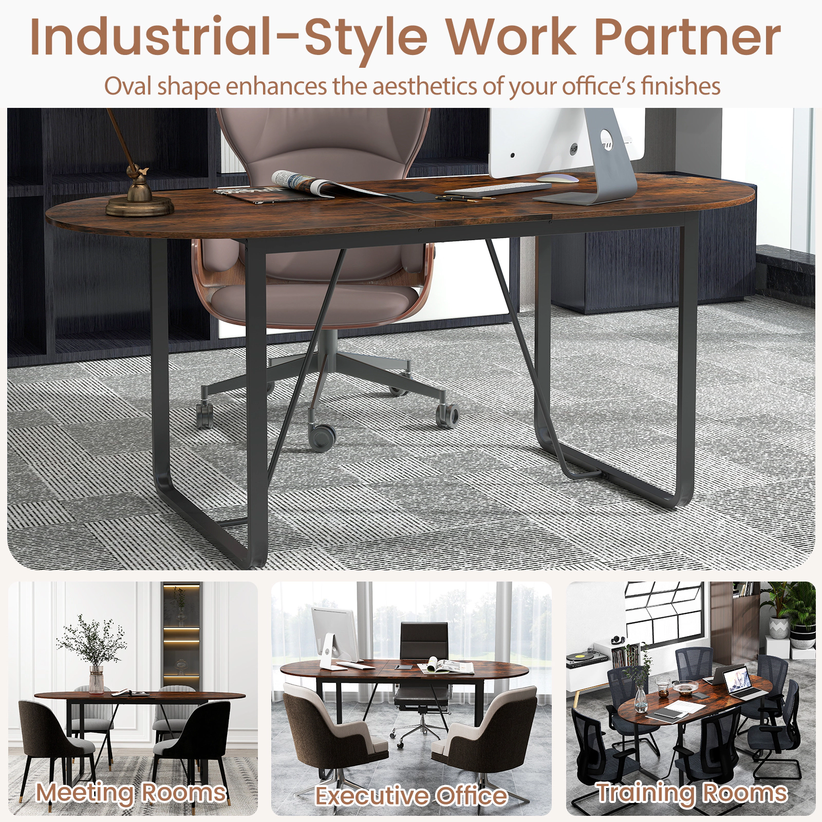 SUGIFT Oval Executive Home Office Table with Cable Management Hole 265-lb Capacity Rustic Brown & Black