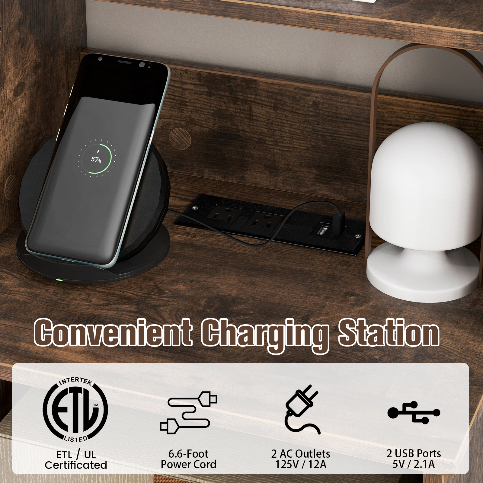 SUGIFT 6-Tier Rustic Brown 56-in Tall Bookshelf Nightstand with Charging Station 2 USB Ports and Cabinet