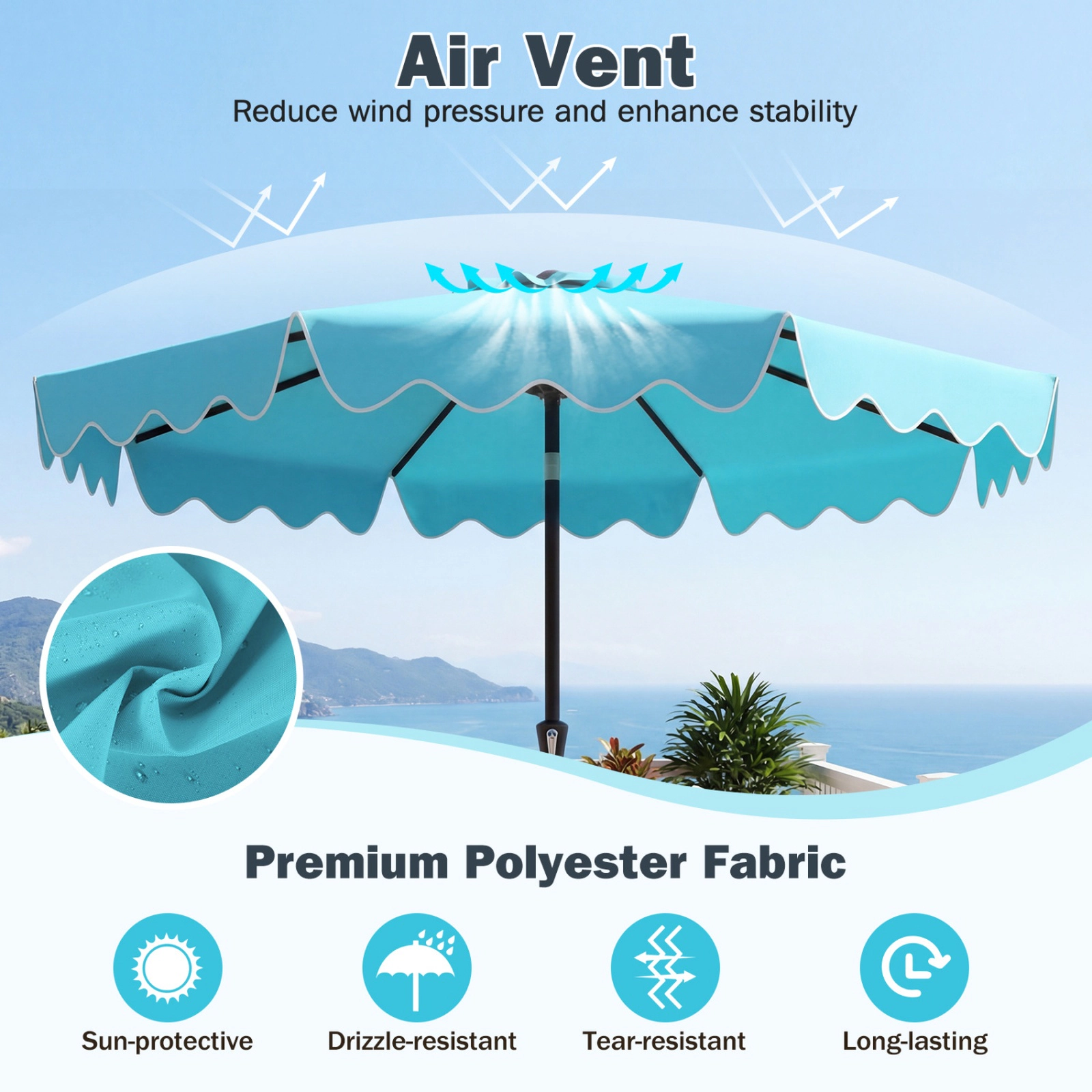 SUGIFT Double-Tier 9-Ft Patio Umbrella with Crank Lift, Tilt Canopy, Sandbag Base Turquoise