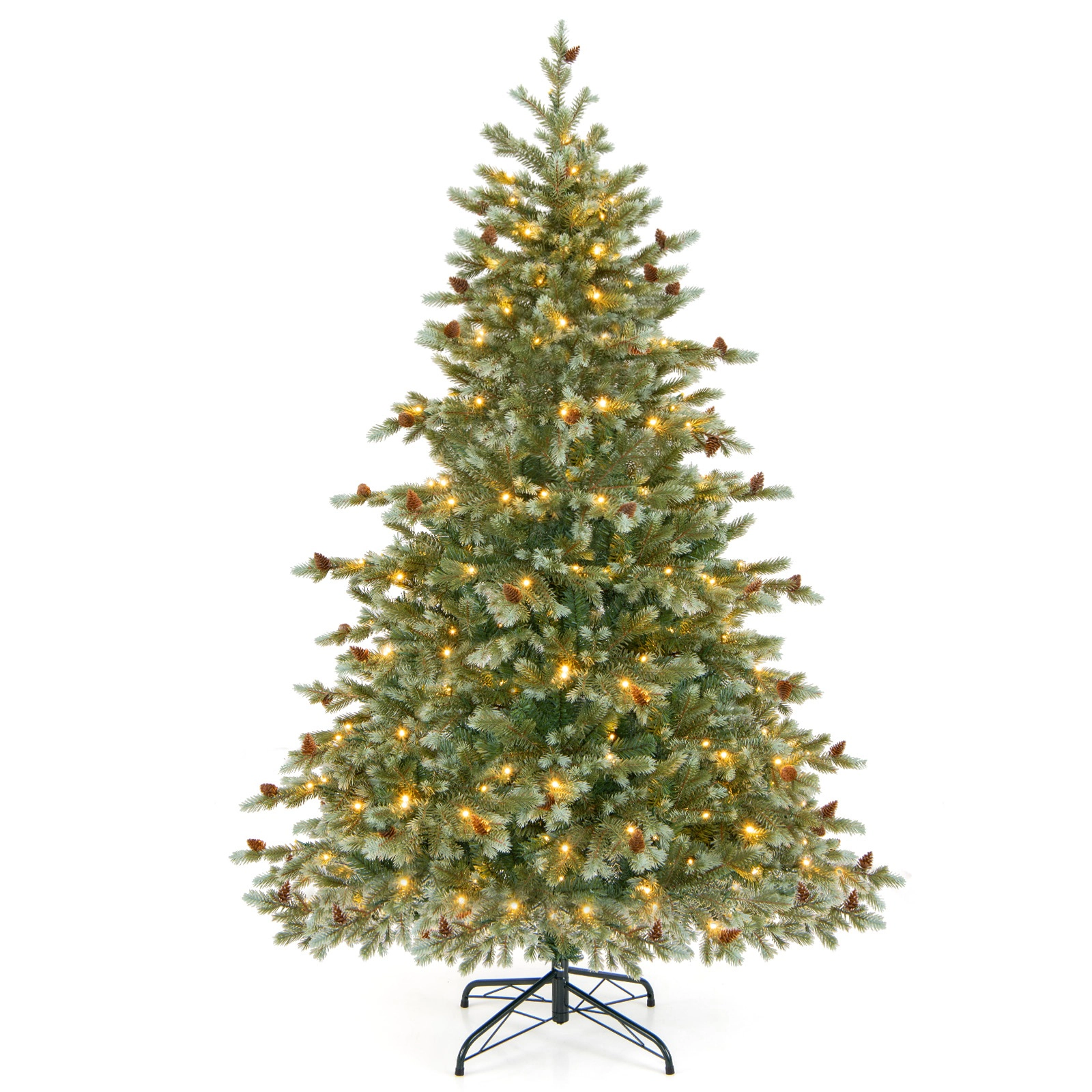 SUGIFT 6-ft Pre-Lit Warm White LED Pine Cone Artificial Christmas Tree 590 Branch Tips 240 Lights 53 Cones Green