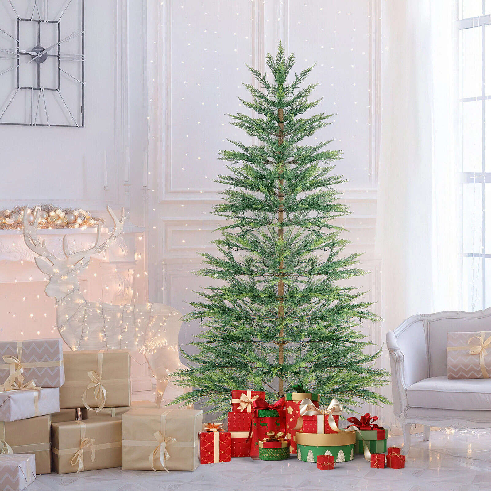 LJG 6.5/7.5 Feet Artificial Cypress Christmas Tree Pre-Lit Hinged