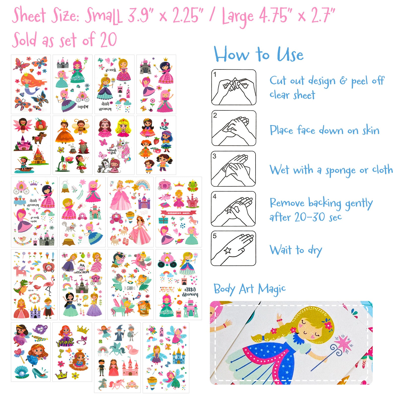 Wrapables Waterproof Temporary Tattoos for Children, 20 Sheets
