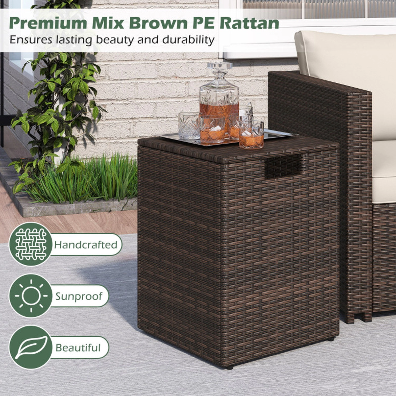 SUGIFT Brown PE Rattan Propane Tank Cover Side Table with Flip Lid 16-in W 16-in D 22.5-in H 80-lb Top Capacity