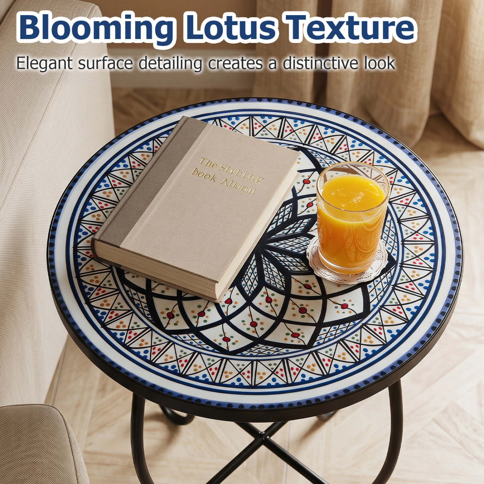 SUGIFT Round Metal Floral Mosaic Style Top Protective Feet Patio Accent Table In White