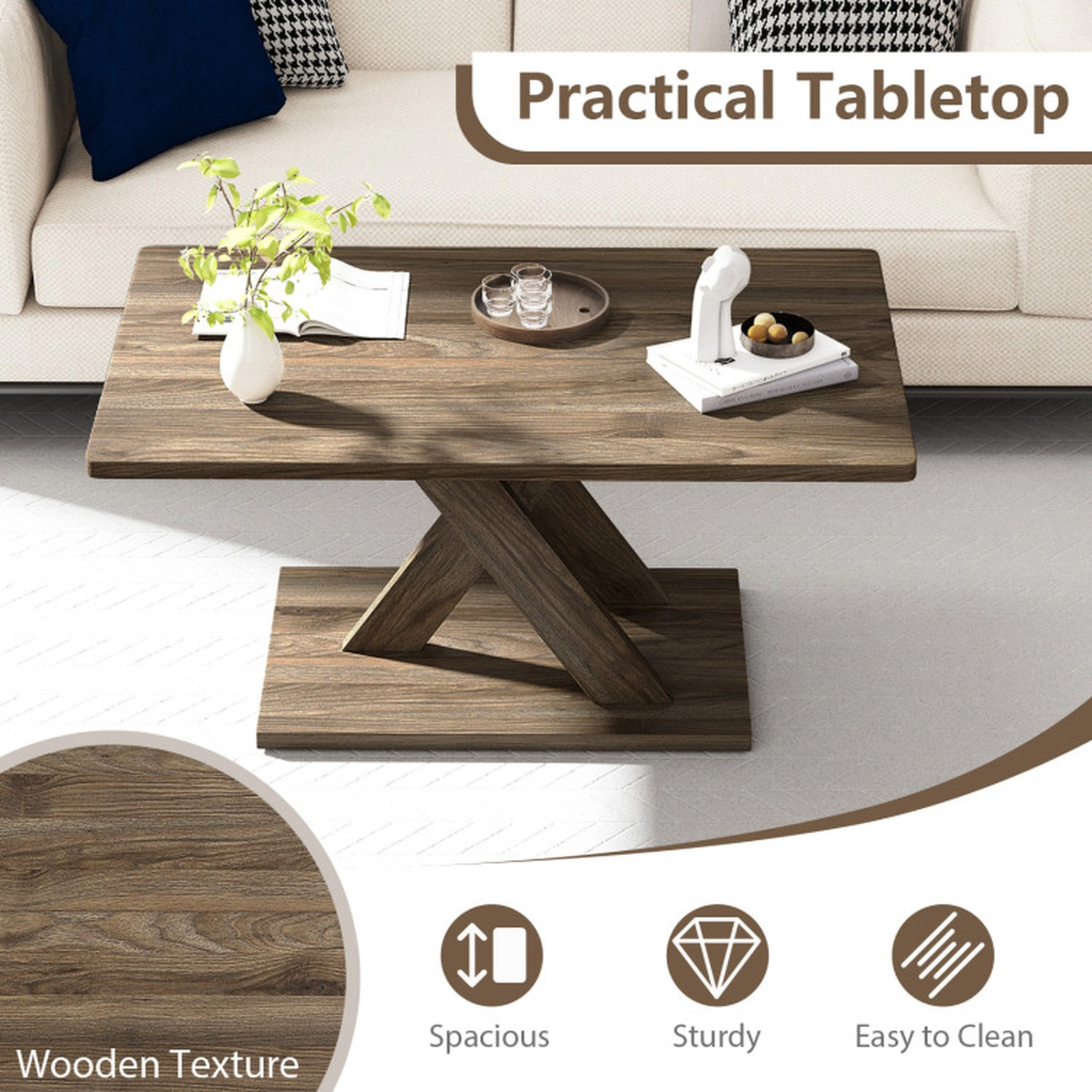 SUGIFT 37.5-in Rectangular Coffee Table with Stable Base and Rubber Wood Connection 220-lb Capacity Rustic Brown 1-Piece
