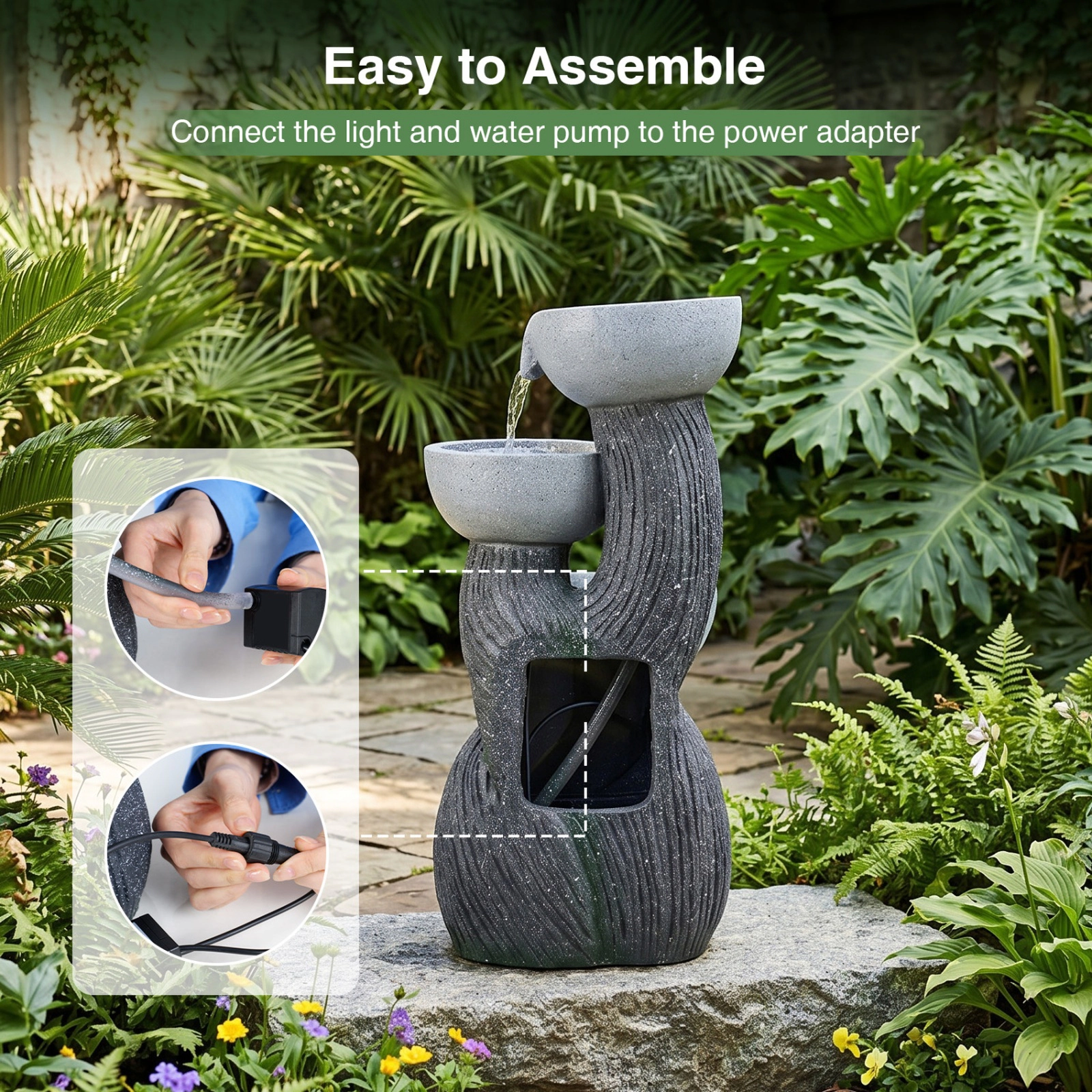 SUGIFT 3-Tier Outdoor Water Fountain Gray 18.5 Inch with LED Lights for Patio