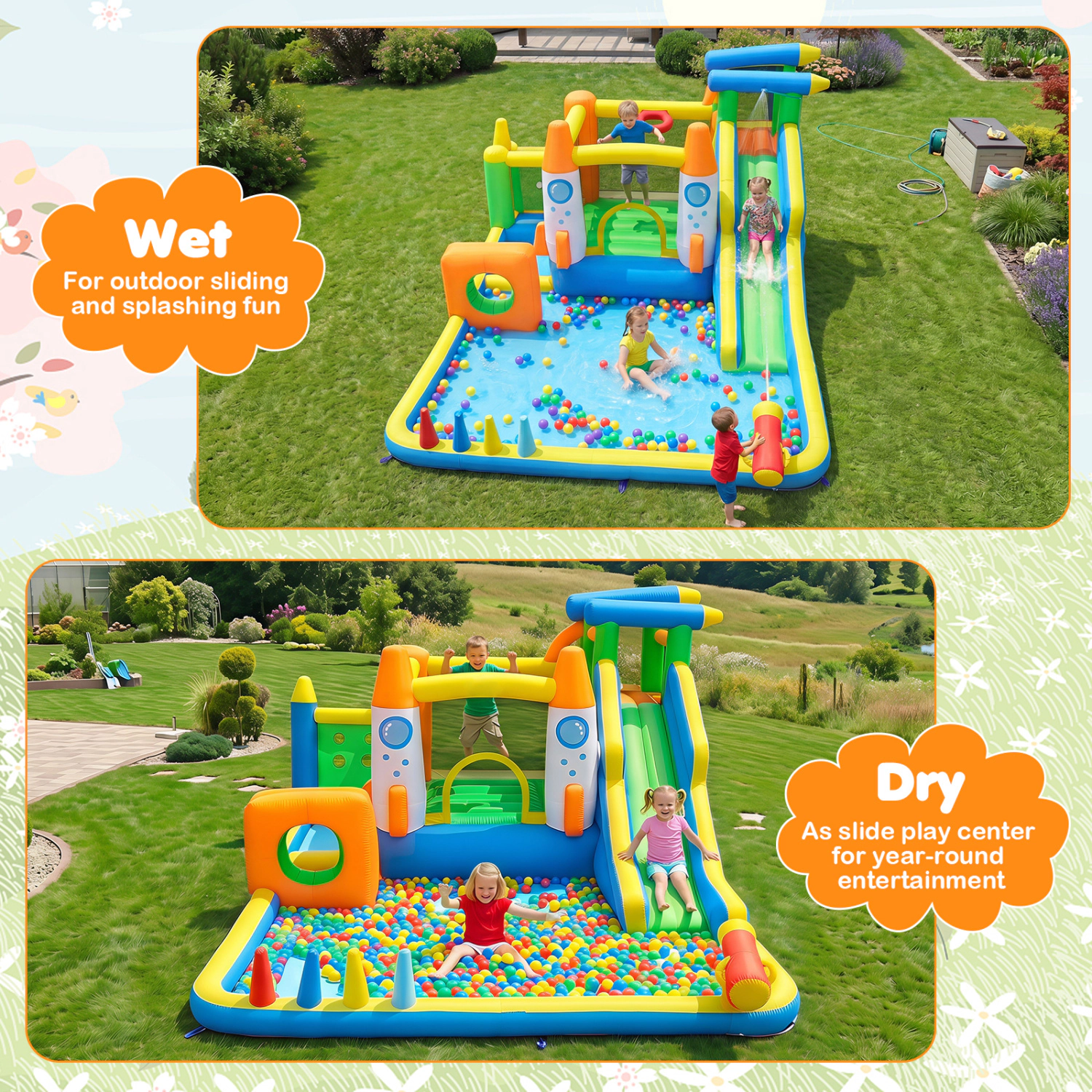 LJG 10-in-1 Inflatable Bounce House with Water Slide for Kids without Blower