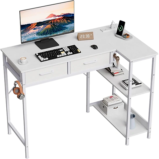 BebreezChic 40" Gaming Desk with Power Outlet, L-Shaped Computer Table, 3-Tier Shelves, 2 Drawers, Headphone Hook