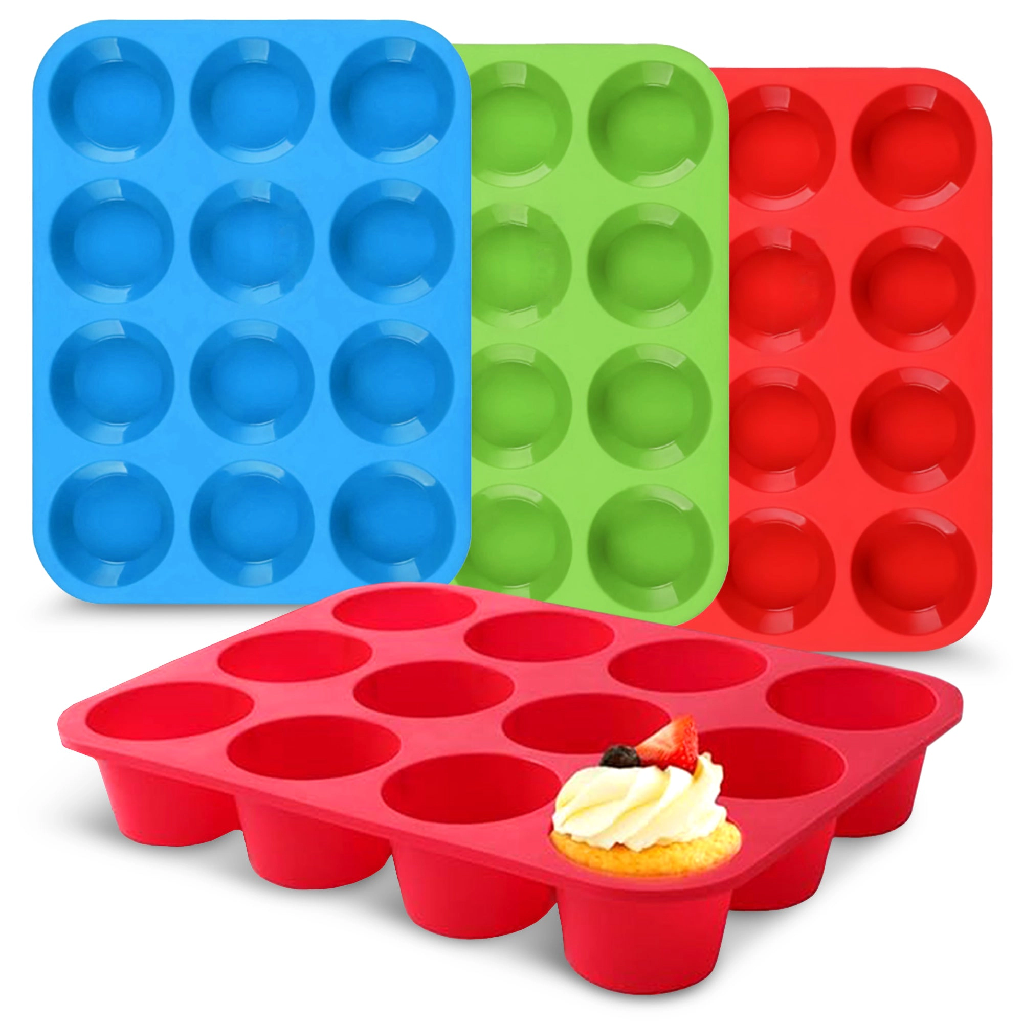 Cheer Collection Set of 3 Non-Stick Silicone Muffin Pans – BPA-Free