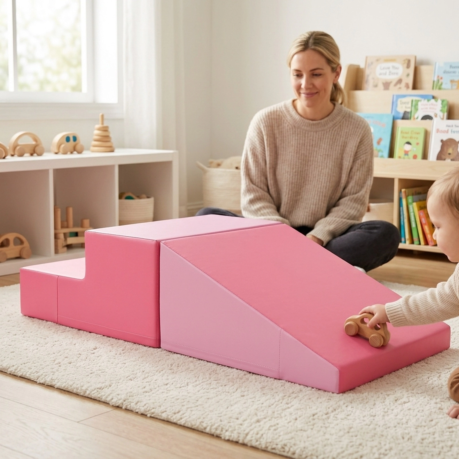 2-Piece Step and Slide Baby Climber Soft Play Foam Block Set Waterproof Removable PU Leather Cover Pink