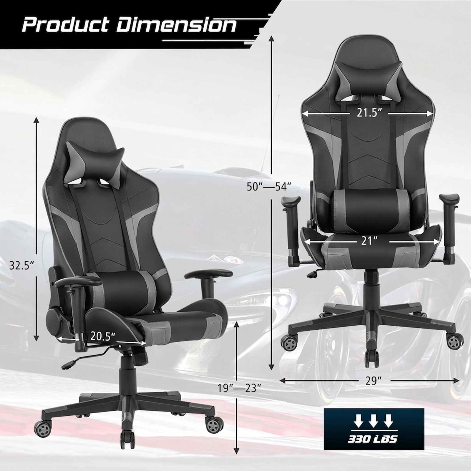SUGIFT Reclining Swivel Massage Gaming Chair Gray with Lumbar Support and Faux Leather
