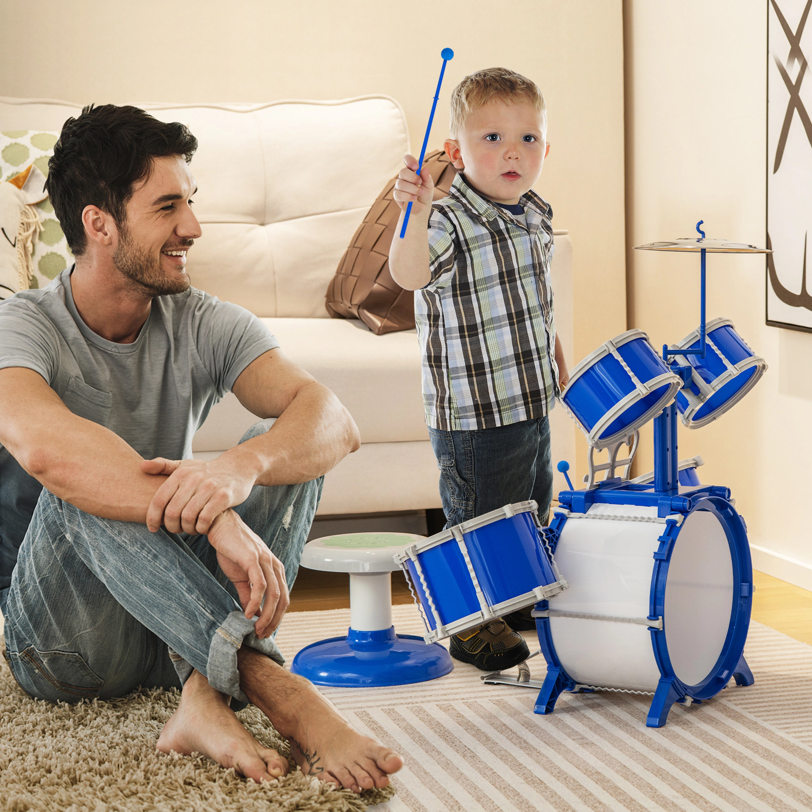 SUGIFT Blue 5-Drum and Cymbal Percussion Kids Drum Set with Stool Anti-Slip Foot Pedal and Drumstick Slots