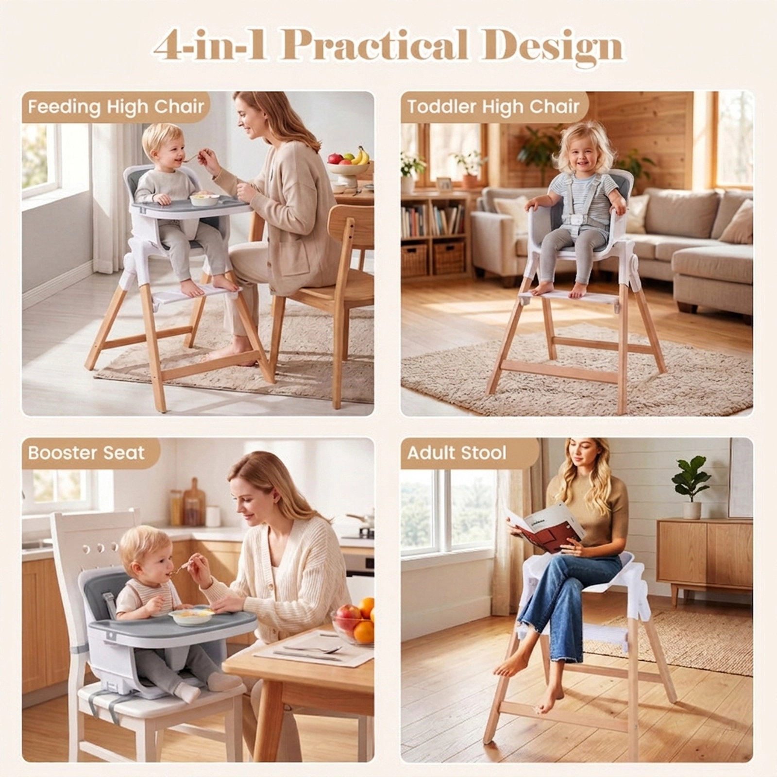 SUGIFT Gray Detachable Double Tray and Adult Stool 4-in-1 Convertible Baby High Chair