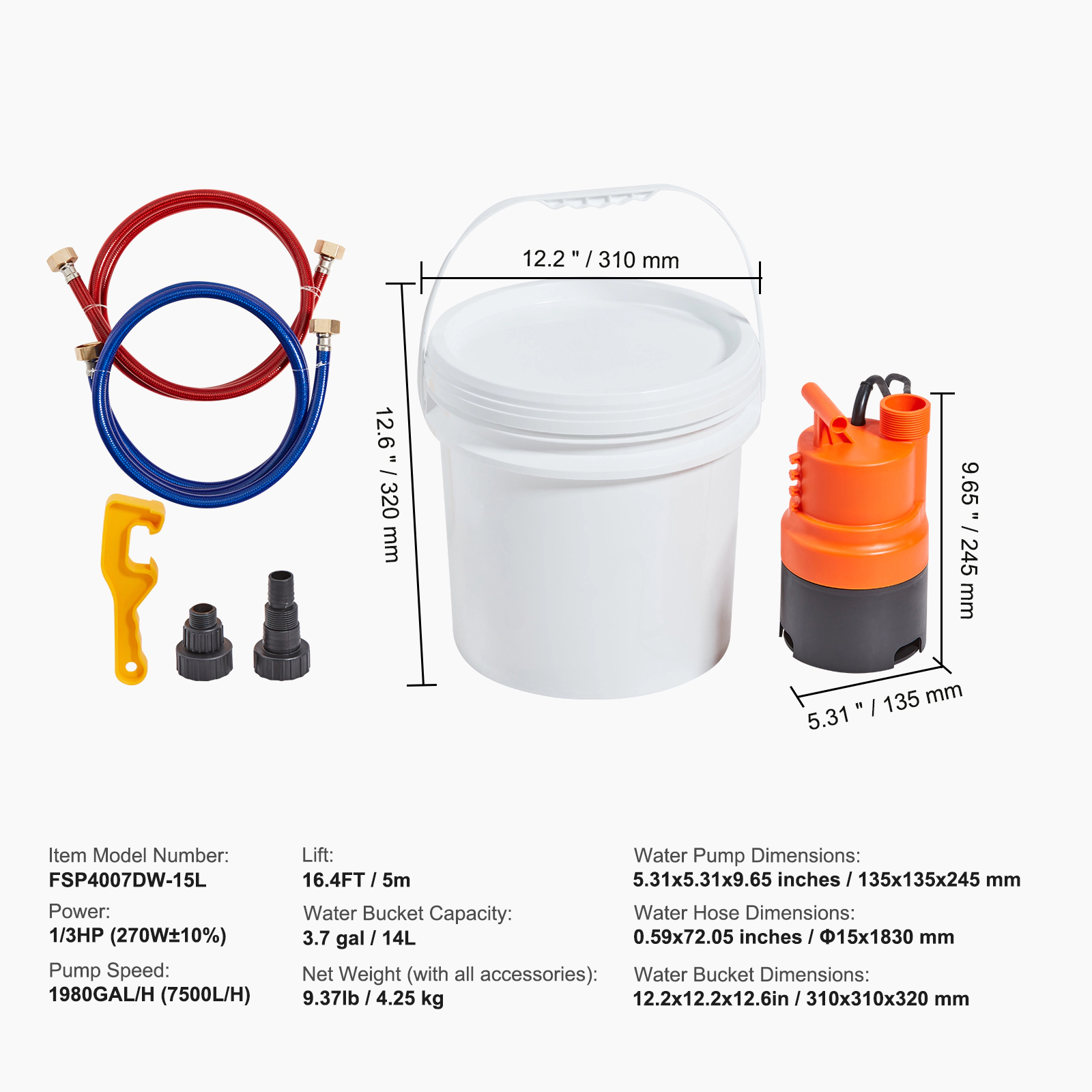 HONGGE Tankless Water Heater Flushing Kit, Includes Efficient Pump & Gallon Pail & 2 Hoses