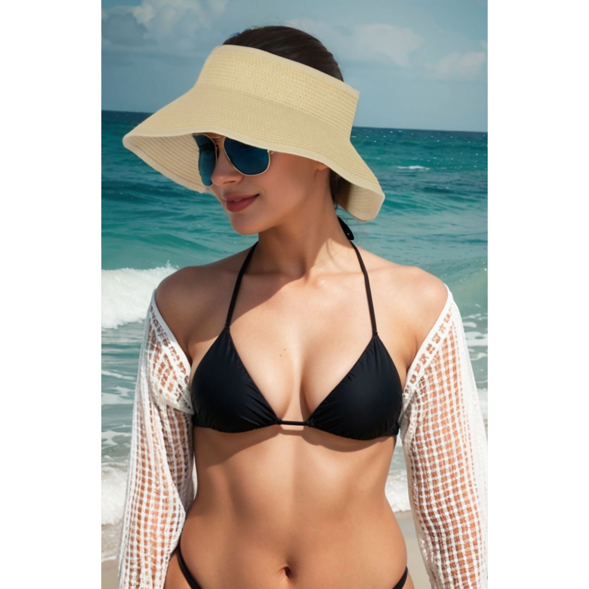 Anna-Kaci Women's Wide Brim Roll-Up Straw Sun Visor Lightweight Packable Open-Top Beach Hat for UV Protection