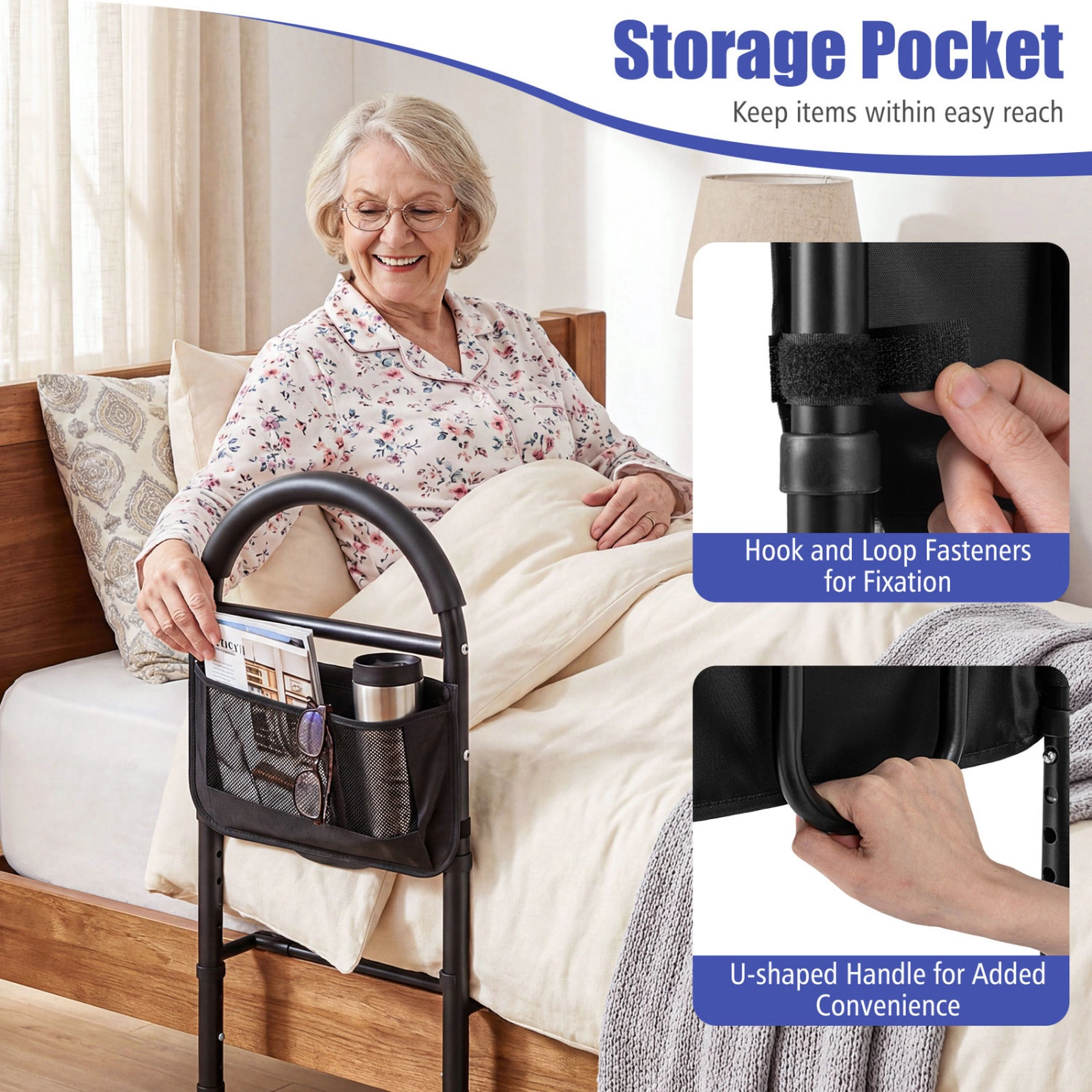 SUGIFT Height Adjustable Bed Assist Rail Storage Pocket 71-in Safety Strap 300-lb Capacity 13-19-in Bed Frames Black