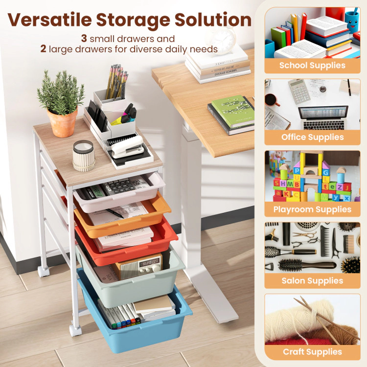 Hivvago 5-Drawer Rolling Storage Cart Mobile Utility Organizer with Wooden Tabletop and Lockable Wheels