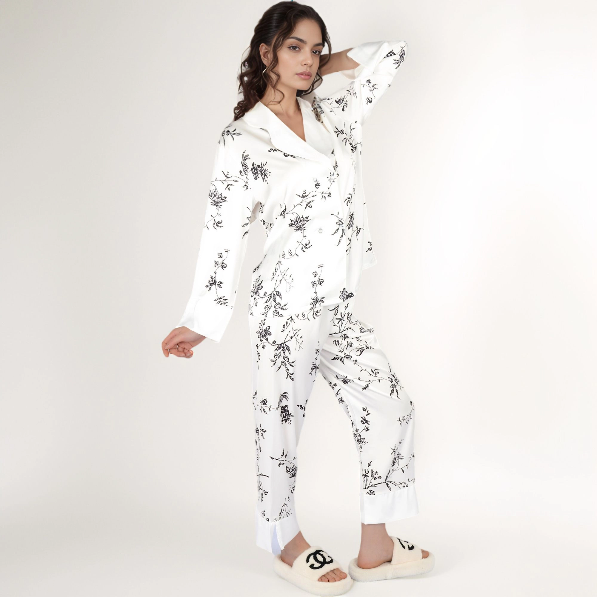 Anna-Kaci Women's Satin Floral Pajama Set Long Sleeve Notched Collar Button Up Top and Relaxed Fit Full-Length Pants