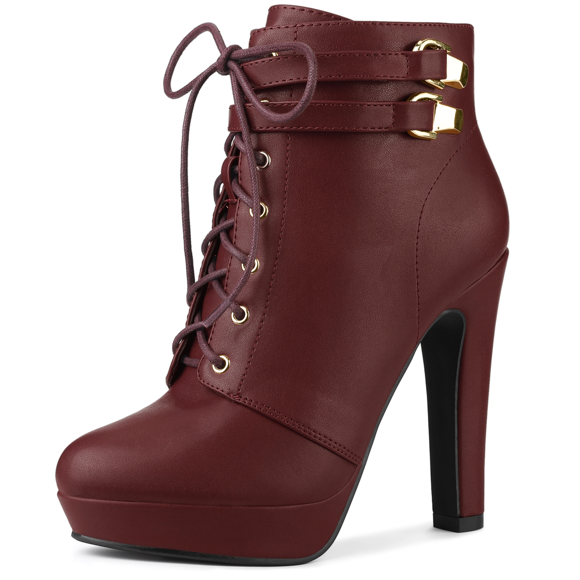 BLISSFUL STEP Women Chunky Heel Platform Round Toe Lace Up Side Zip Ankle Boots
