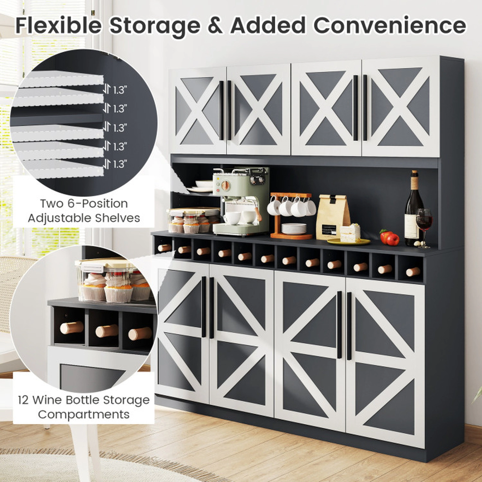 SUGIFT 70-in Farmhouse 4 Cabinets 2 Shelves 12 Wine Slots Kitchen Pantry Hutch 63-in x 16-in 330-lb Capacity Dark Gray