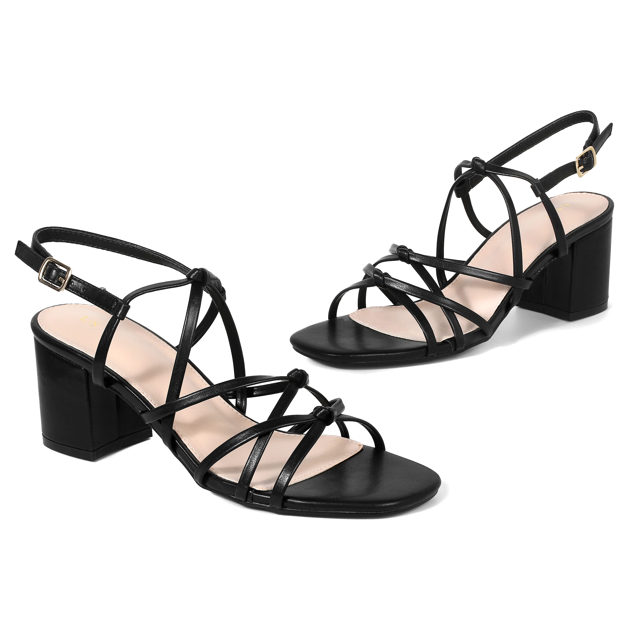 BLISSFUL STEP Women's Square Toe Knots Ankle Strap Chunky Heels Sandals