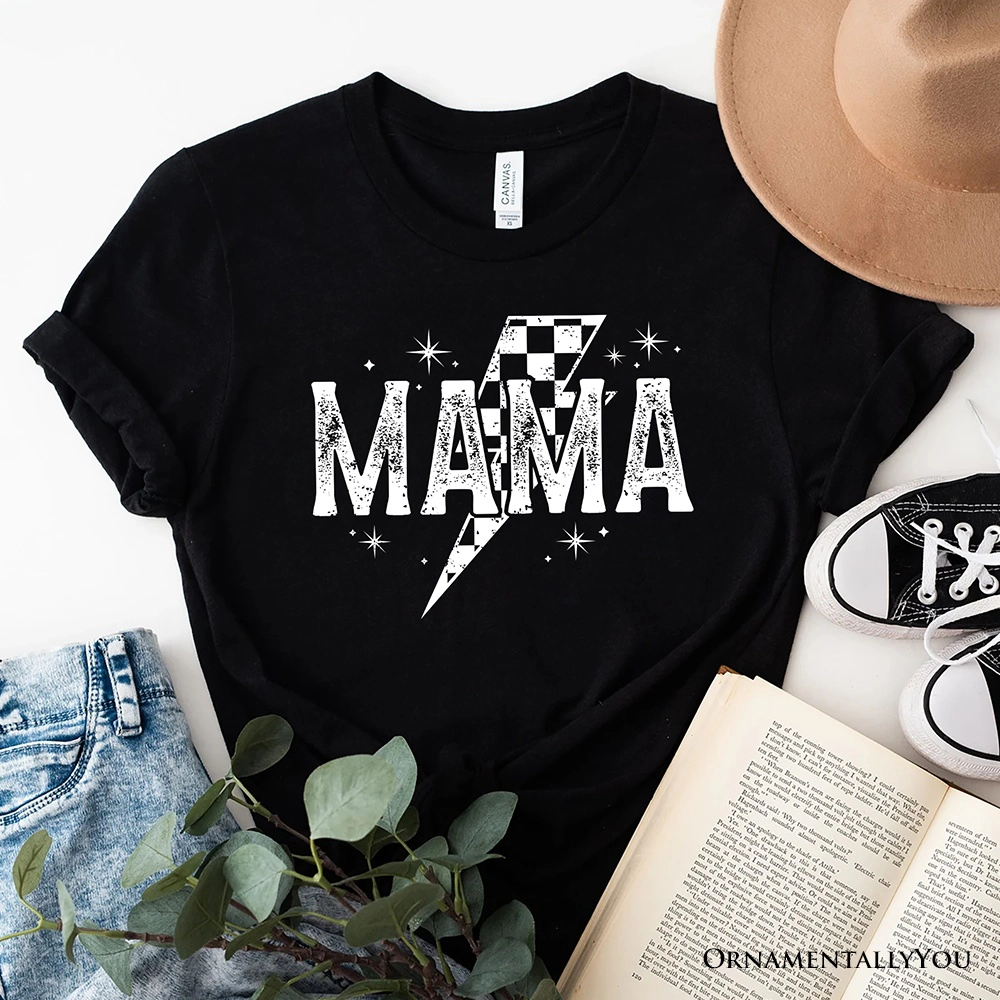 OrnamentallyYou Womens Checkered Lightning Bolt Mama T-Shirt