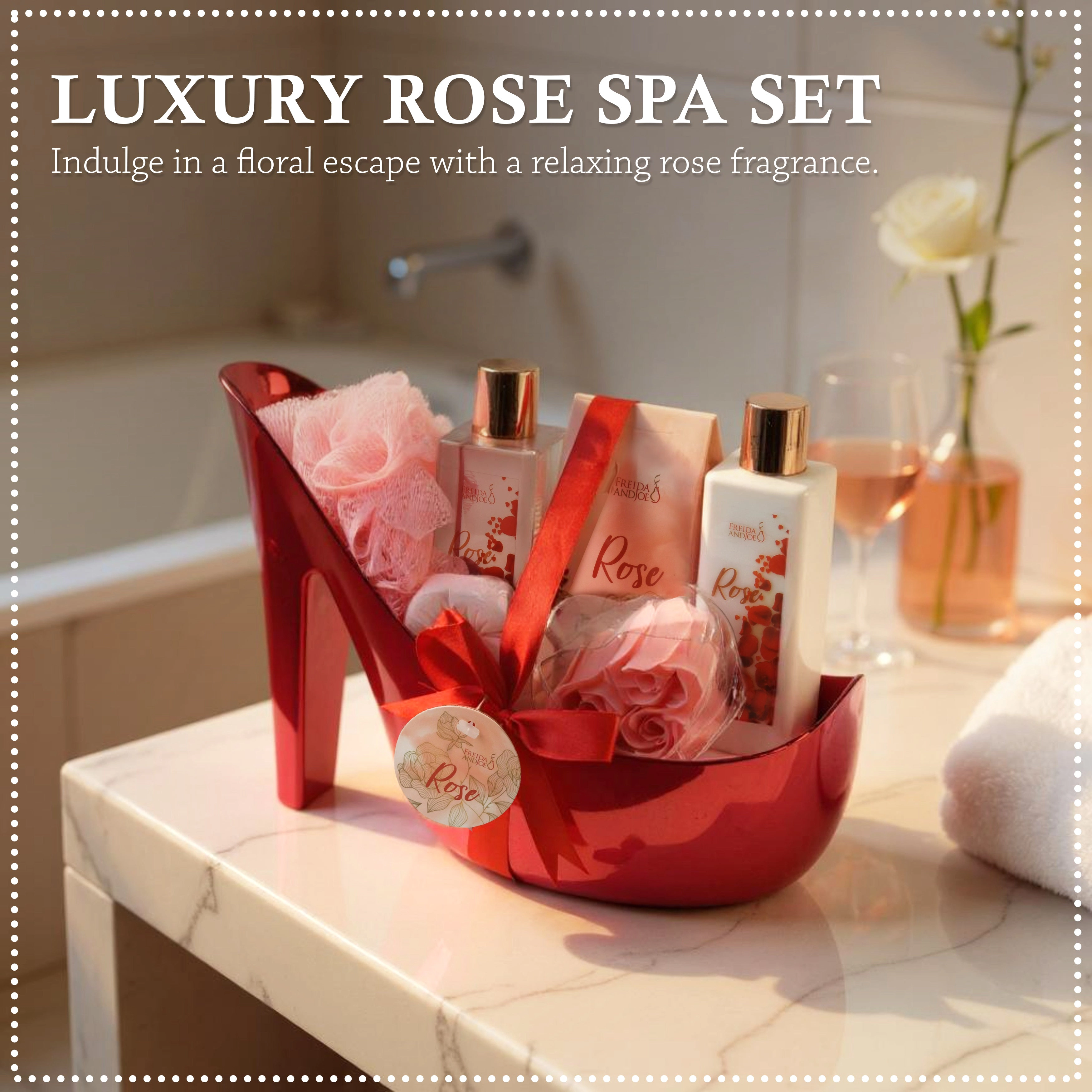 Freida and Joe Women Elegant Rose Bath and Body Set Red High Heel Shoe Luxurious Spa Gift Basket
