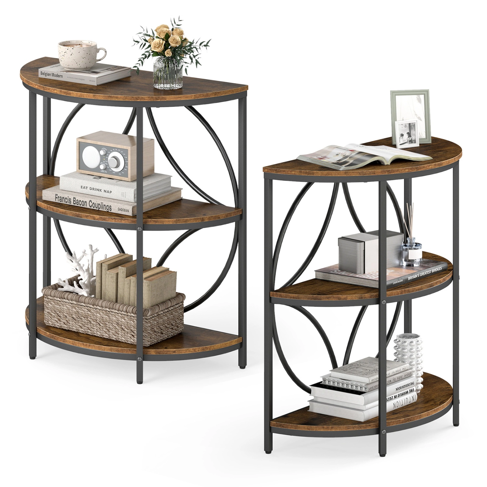 SUGIFT Set of 2 26-Inch Narrow Half-Round Side Tables with 3-Tier Storage Shelves and Metal Frames