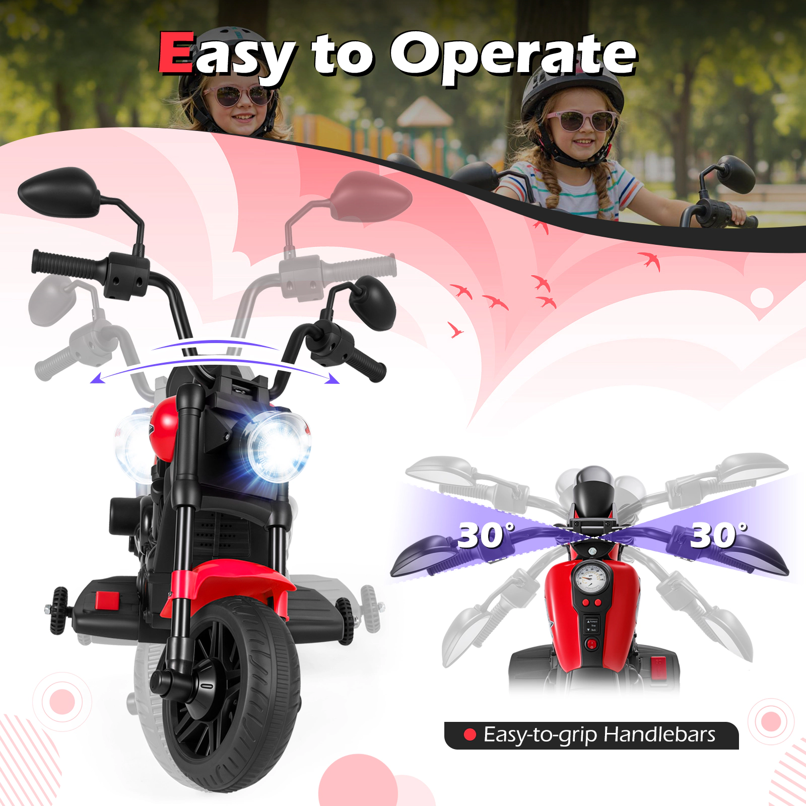 SUGIFT 6V Ride-On Kids Motorcycle with Headlight Music Training Wheels 66-lb Capacity Ages 3+ 31-in Long Red