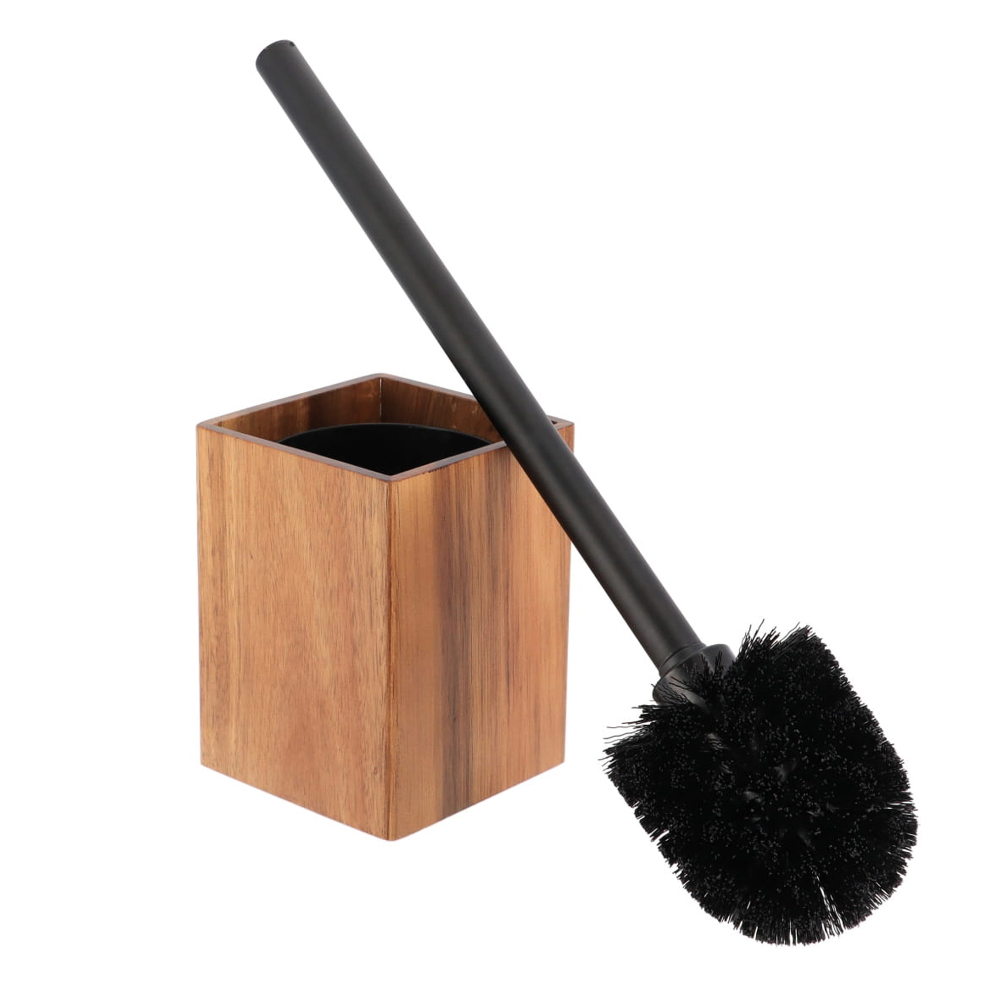 Evideco French Home Goods Acacia Wood Toilet Brush and Holder Set - Square Base, Black Handle