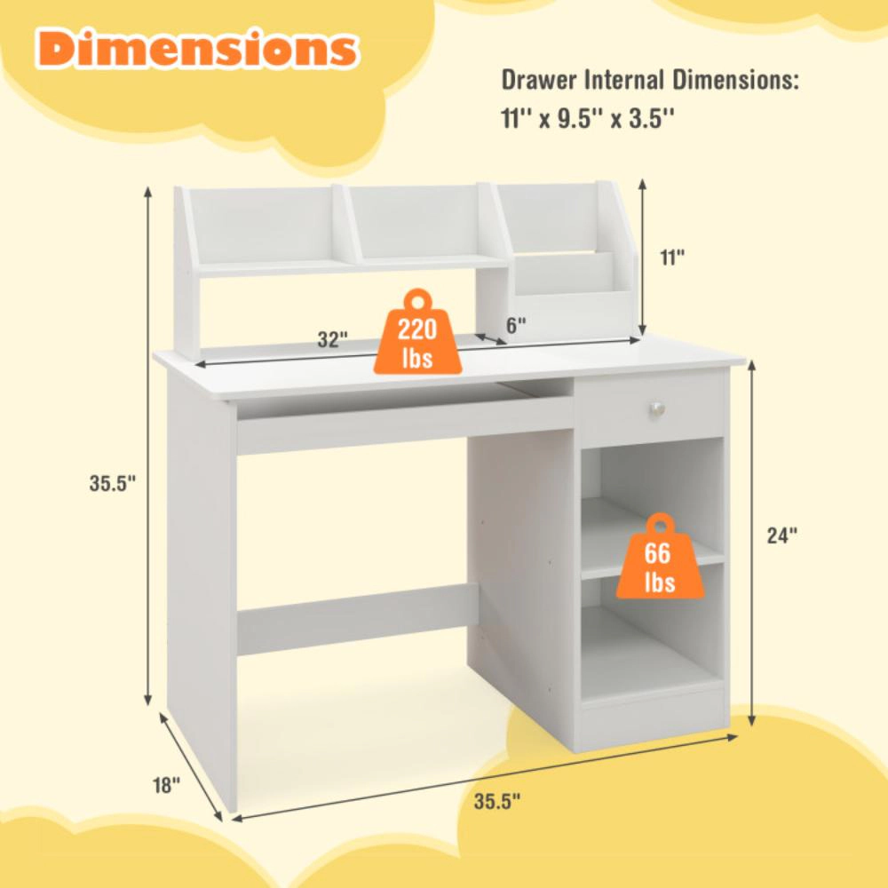 Hivvago Kids Study Desk Children Writing Table With Hutch Drawer Shelves And Keyboard Tray-White