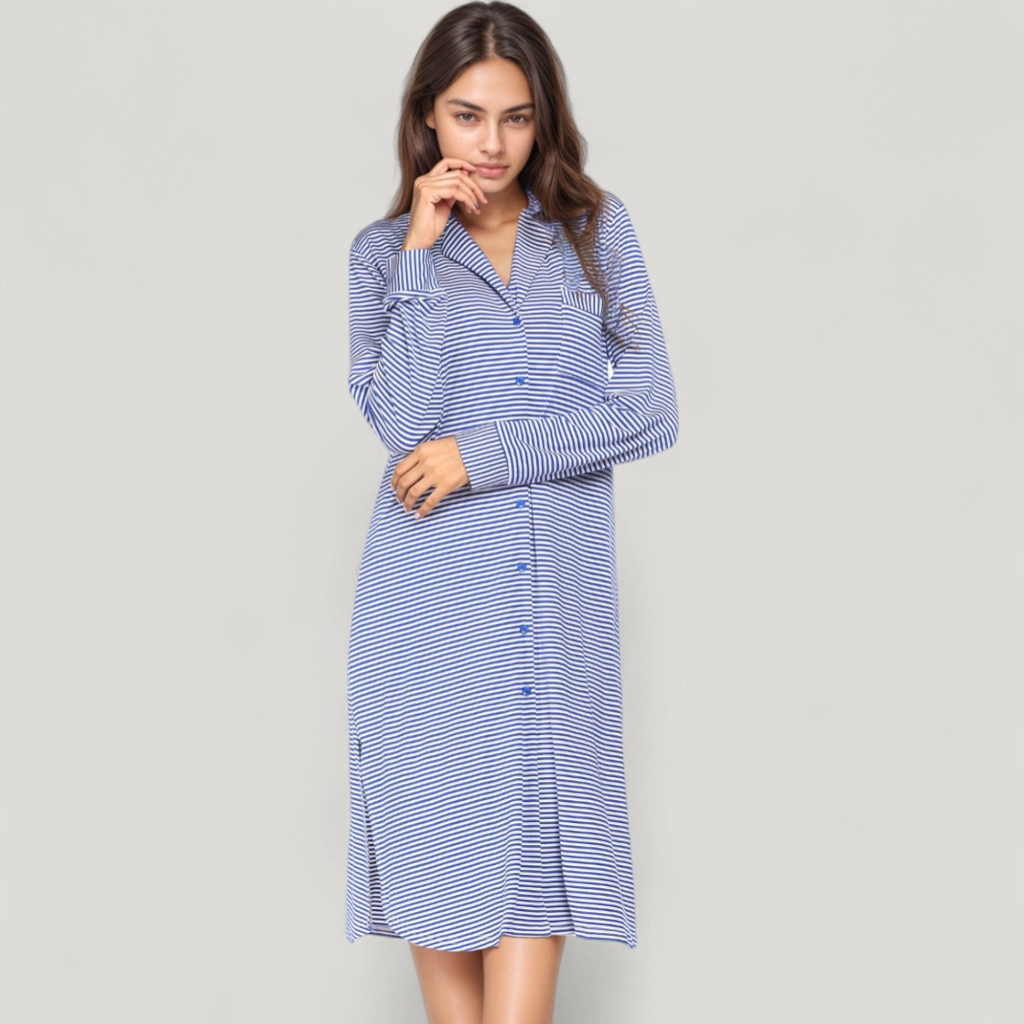 Anna-Kaci Women's Woven Stripe Long Sleeve Button Down Sleep Shirt with Lapel Collar and Curved Hem