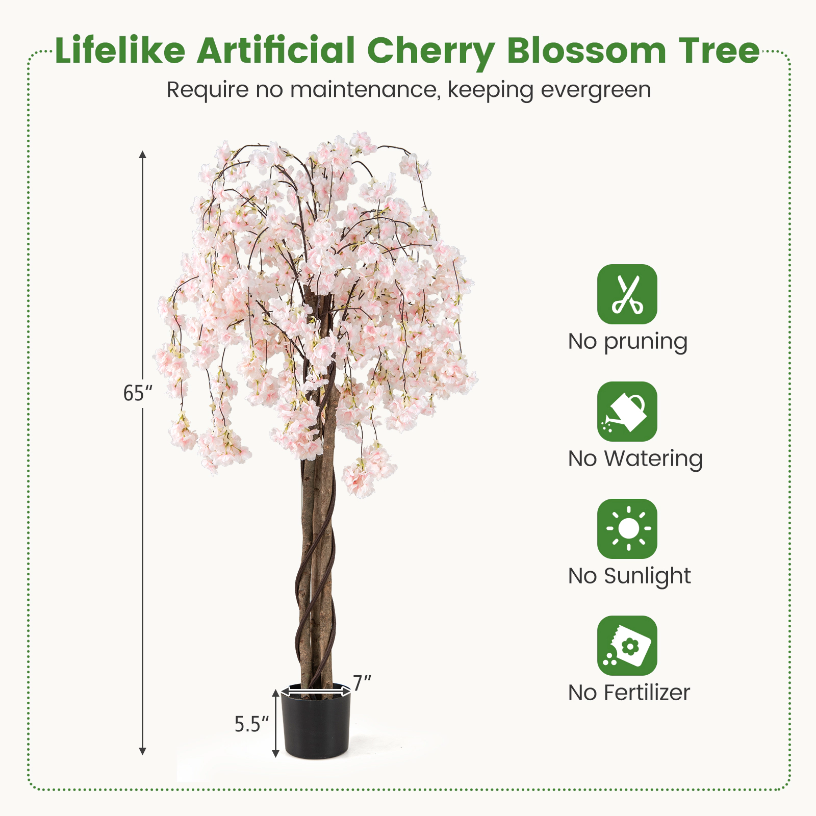 SUGIFT 5.5-ft Tall Artificial Cherry Blossom Tree 2-Pack with Pink/White Flowers and Real Wood Trunks in Pots White