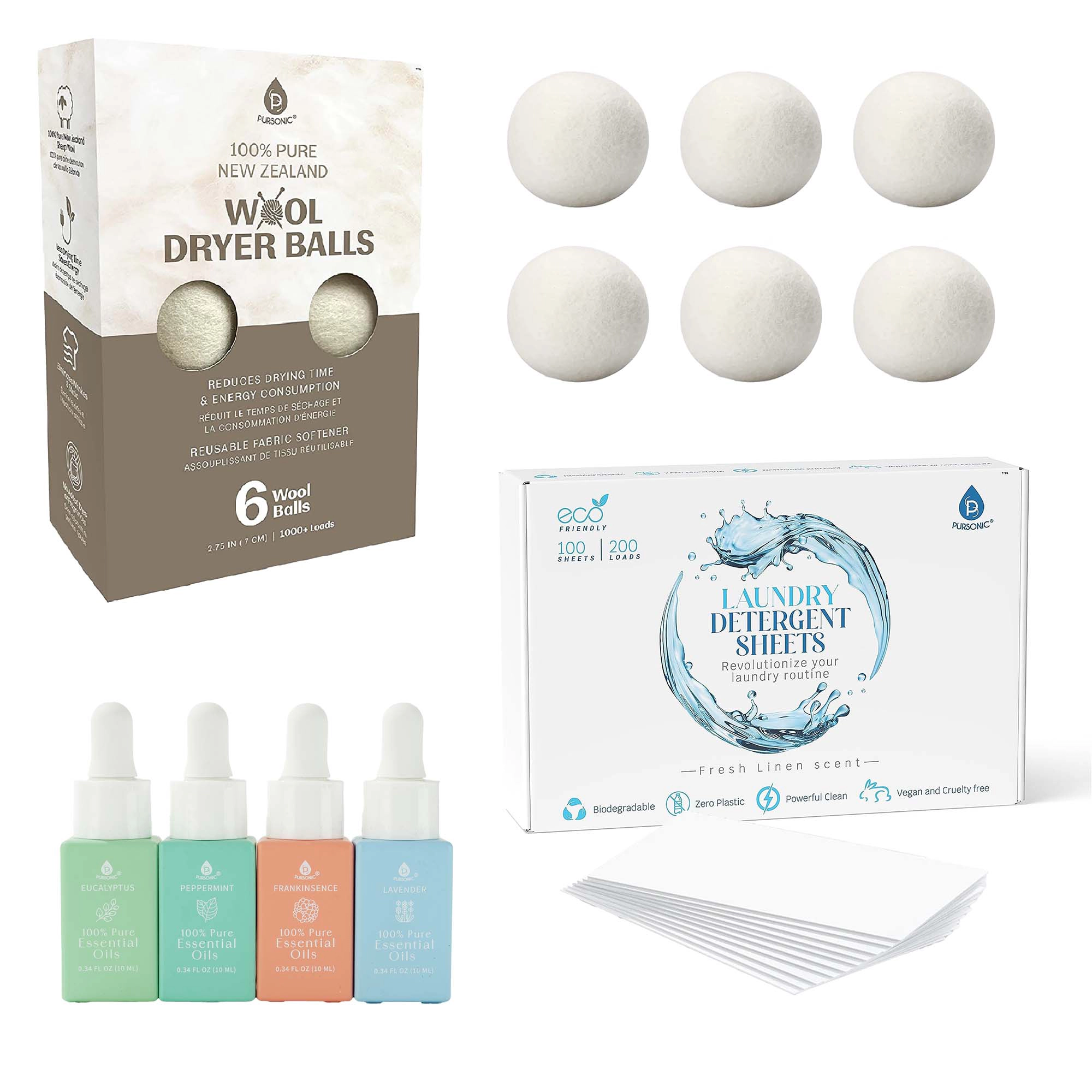 Pursonic Unisex Eco Laundry Set: Detergent Sheets, Dryer Balls & Essential Oils