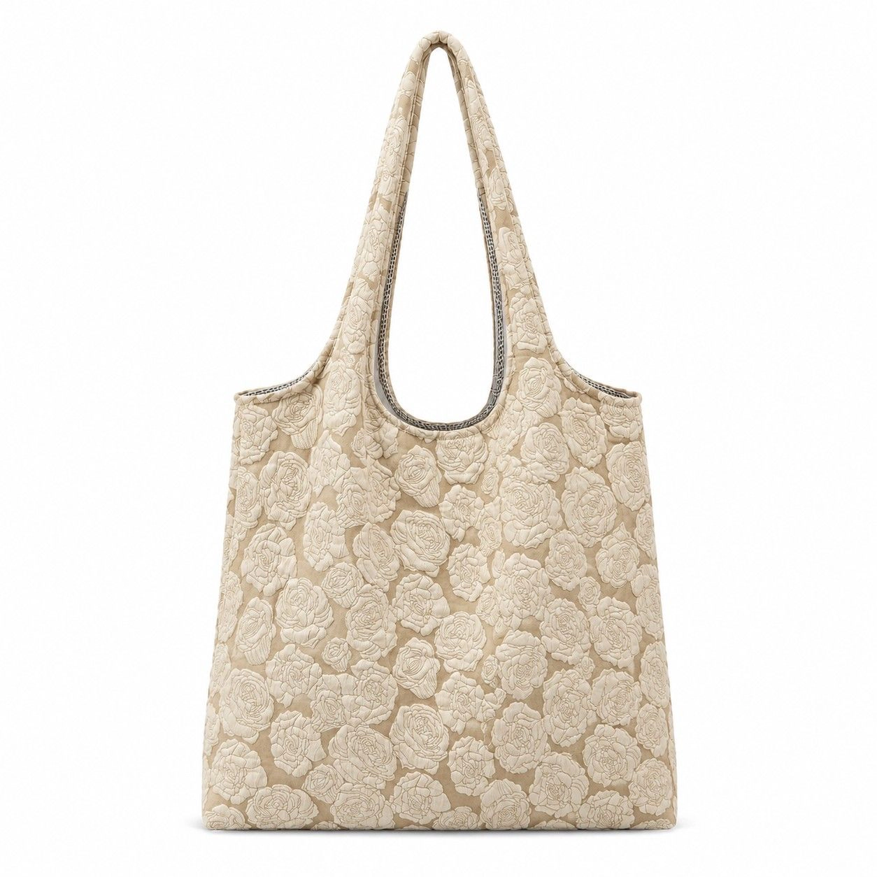 Alilang Women's Floral Embossed Shoulder Tote Bag Soft Textured Lightweight Fabric Carryall Handbag, Warm Cocoa Khaki