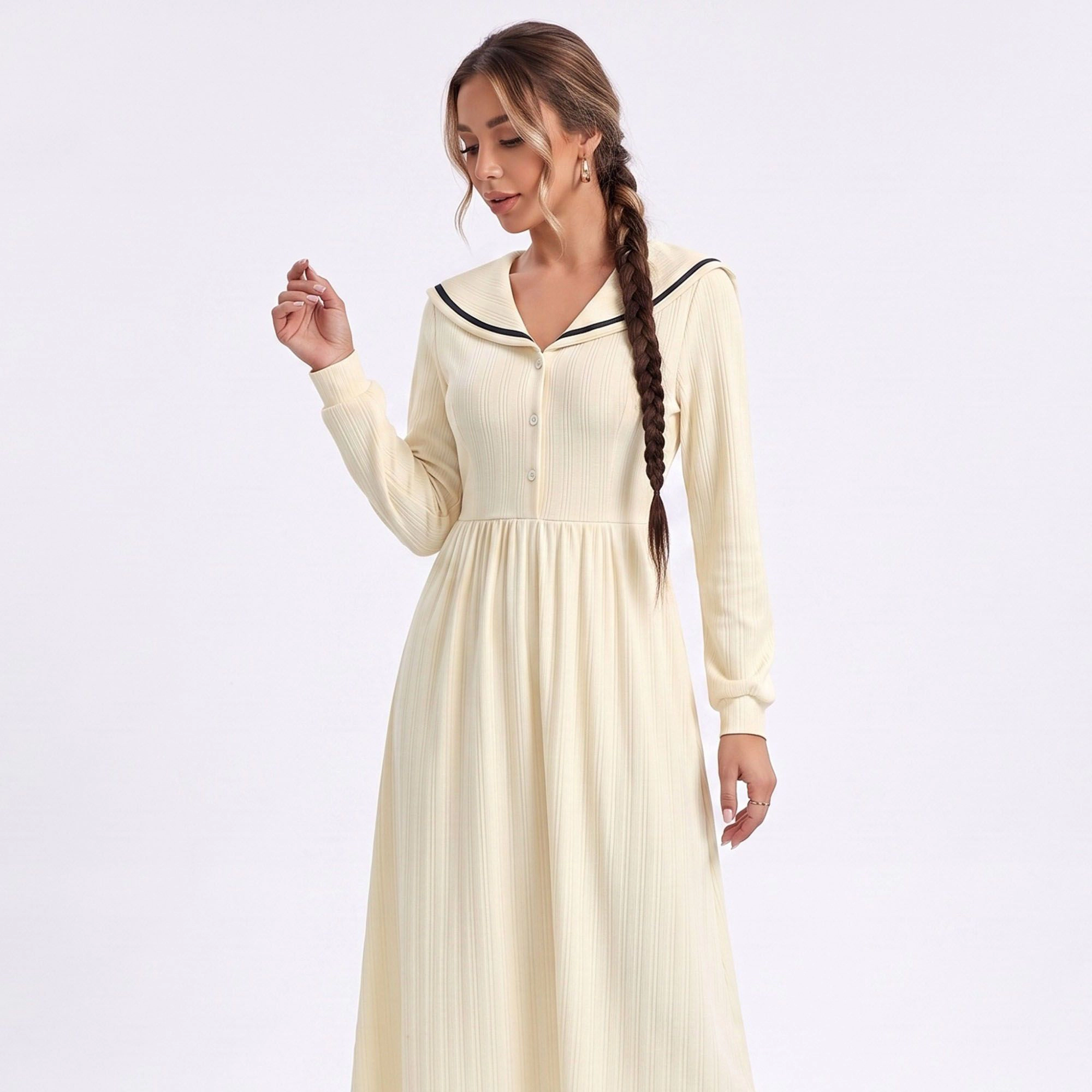 Anna-Kaci Women's Cream Sailor Collar Long Sleeve Button Front Fit Flare Midi Dress