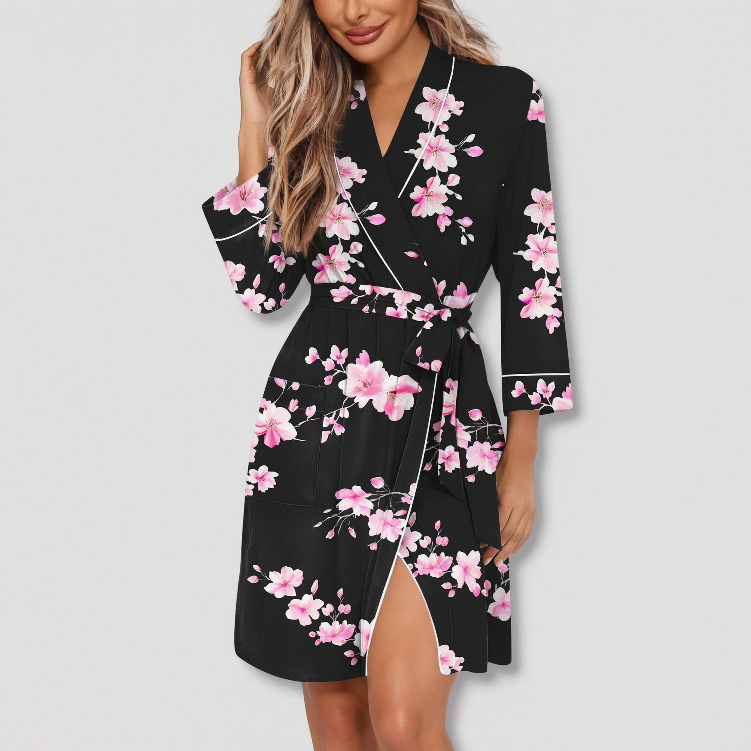 Ekouaer Women's Floral Print V Neck 3/4 Sleeve Kimono Robe with Pockets