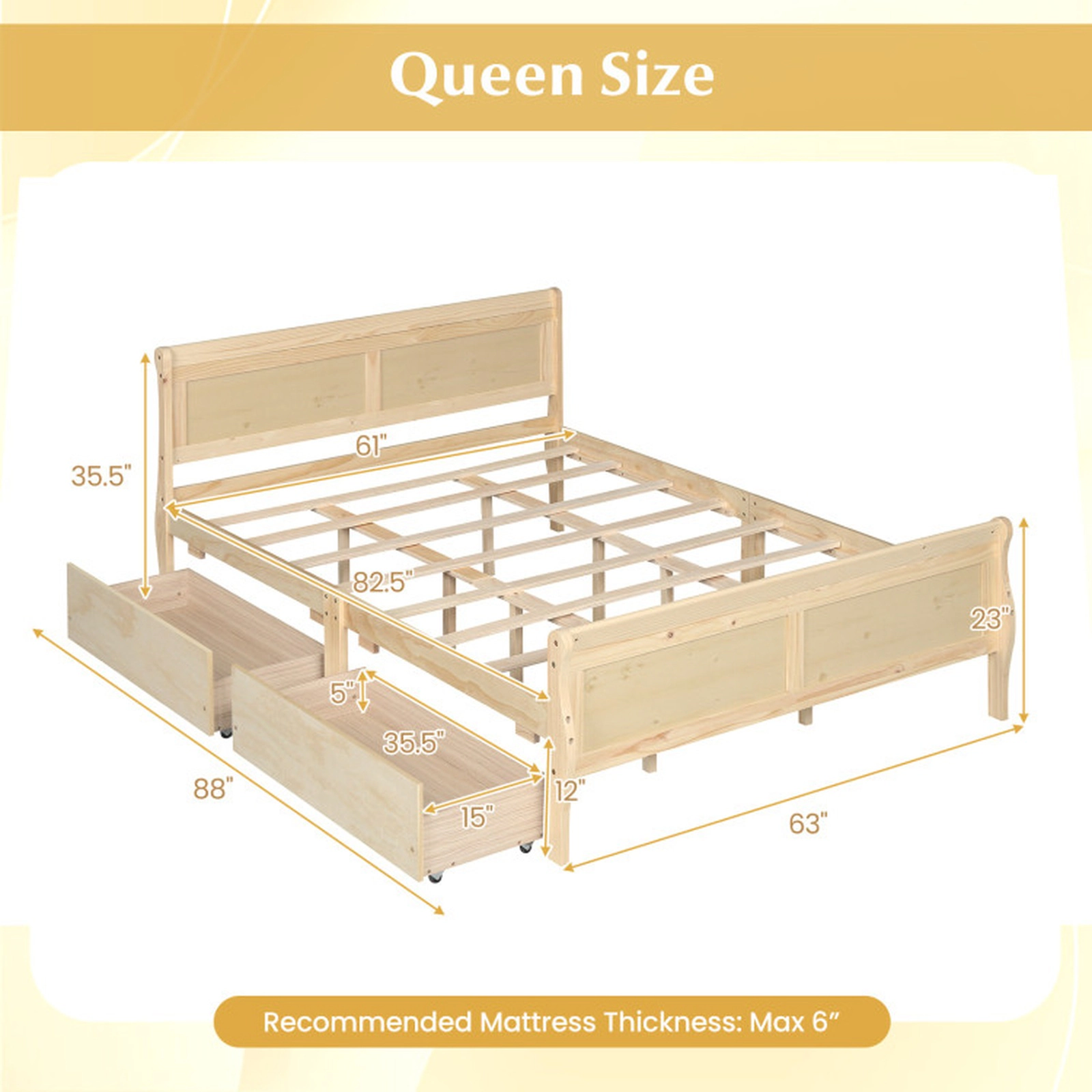 SUGIFT Natural 2 Storage Drawers and Curved Footboard Queen Size Wooden Bed Frame