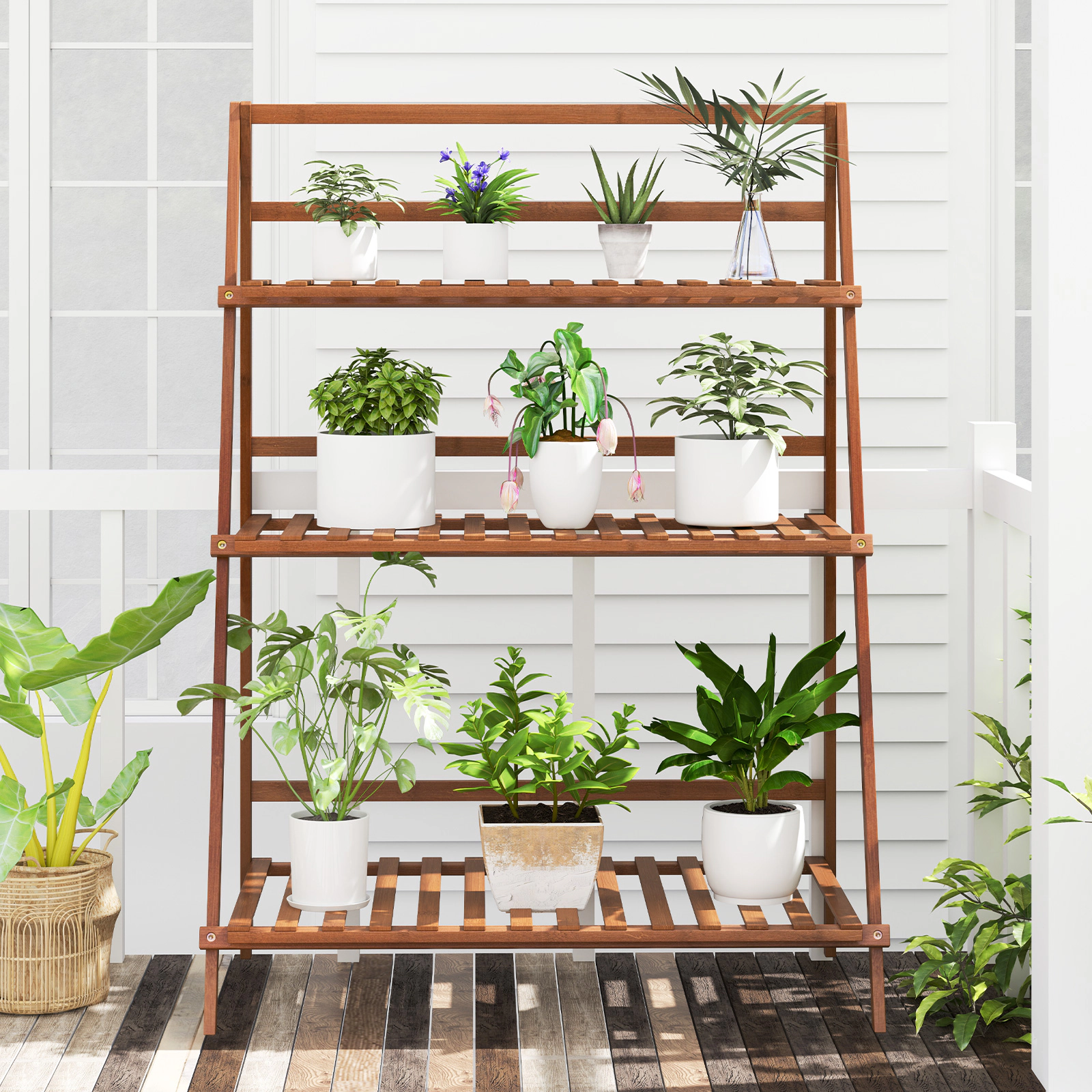 SUGIFT Brown 3-Tier 28-in Foldable Bamboo Ladder Shelf Plant Stand Flower Rack and Bookshelf for Indoor