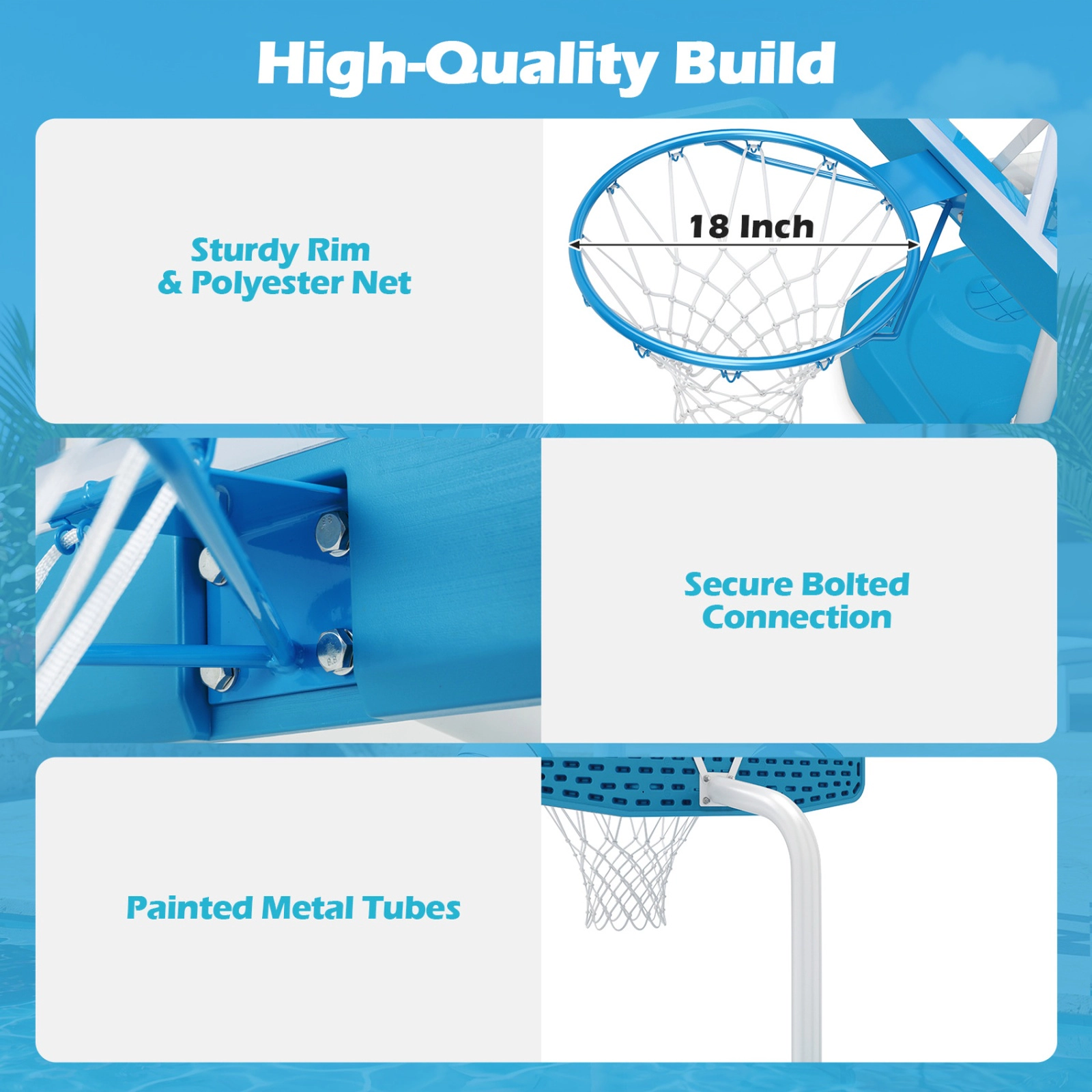 SUGIFT Kids Light Blue Pool Basketball Hoop Set with 2 Balls and Inflation Pump 42-in Backboard W 3.2-ft Rim H