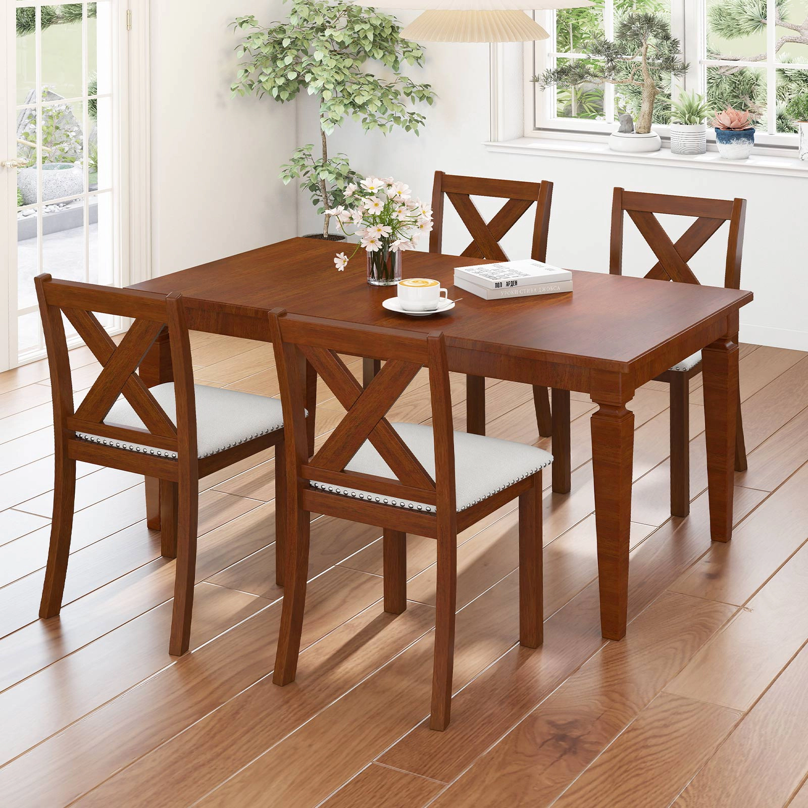 SUGIFT Wooden Dining Chair Set of 2 with Padded Seat and Curved X-Back 420-Lb Capacity Beige Brown