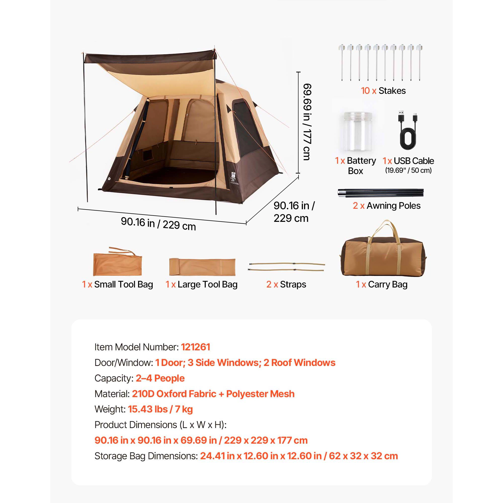 HONGGE Camping Tent 4 Person Inflatable Cabin Tent with Rechargeable Pump TPU Air Tube & 5 Large Mesh Windows Portable