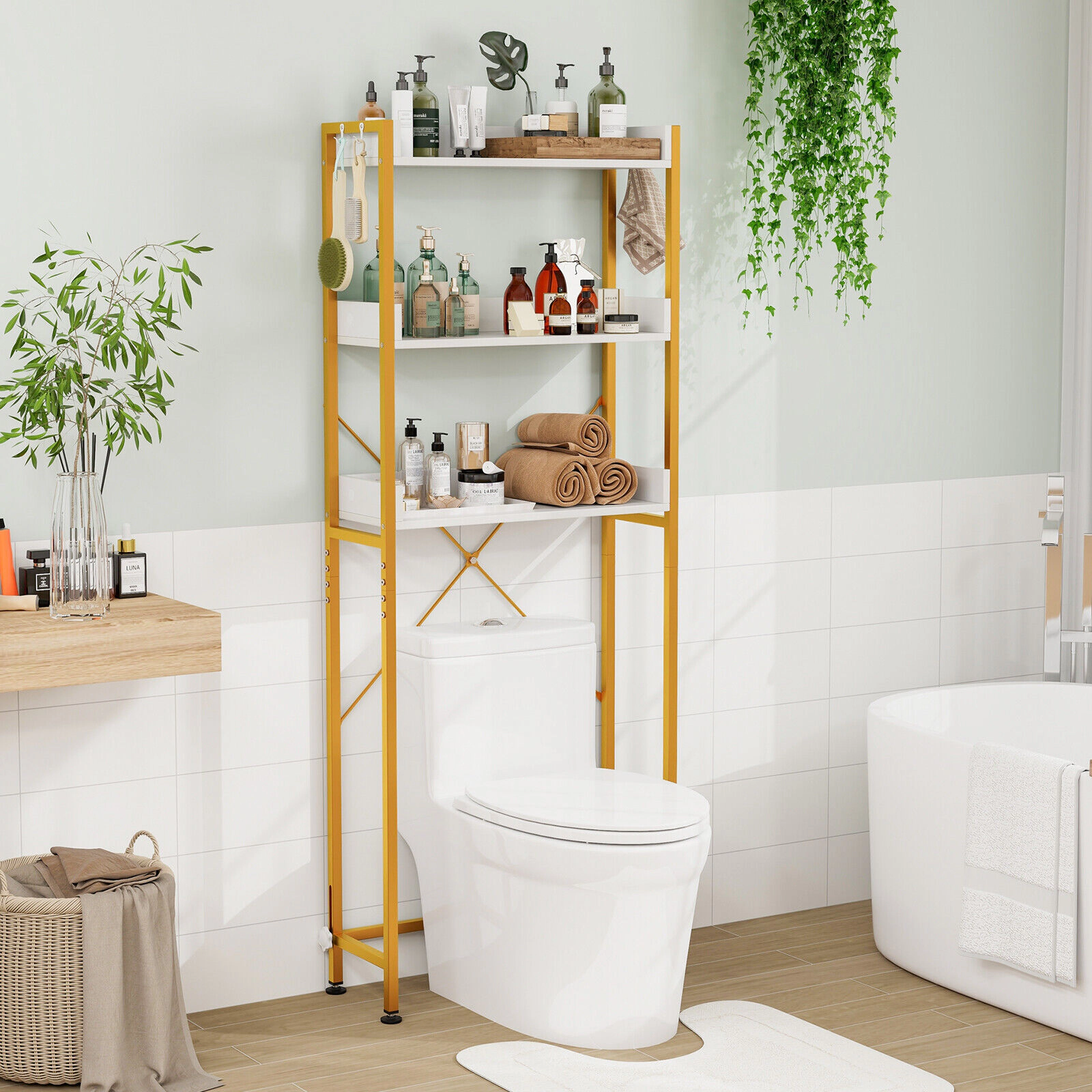 SUGIFT Over the Toilet Storage Rack White with 4 Side Hooks and Adjustable Bottom Bar