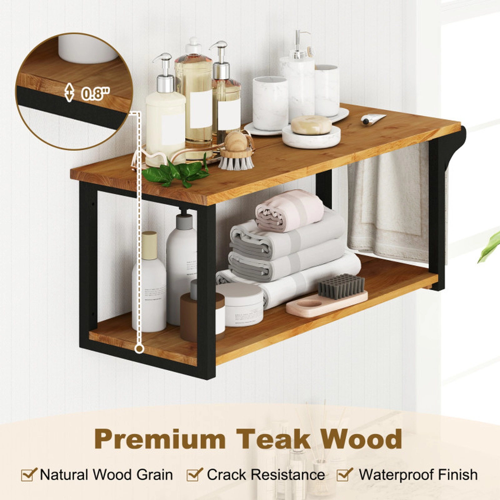 SUGIFT 2-Tier Teak Wood Wall Mounted Floating Shelf Rack Towel Bar 40.5-in x 15.5-in x 16-in 176-lb Capacity Natural