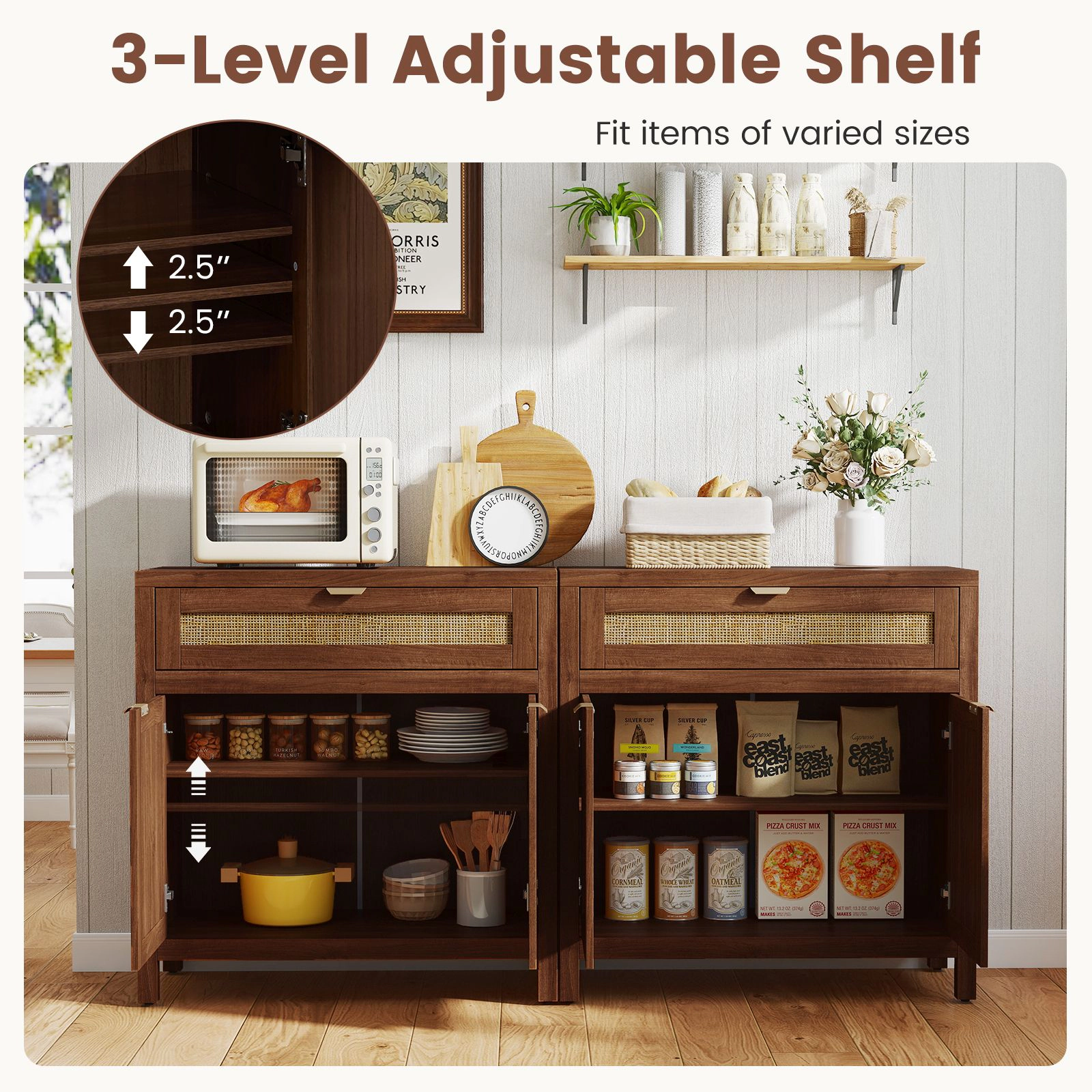 SlickBlue Modern Storage Cabinet with Drawer and Rattan Accents for Dining Room