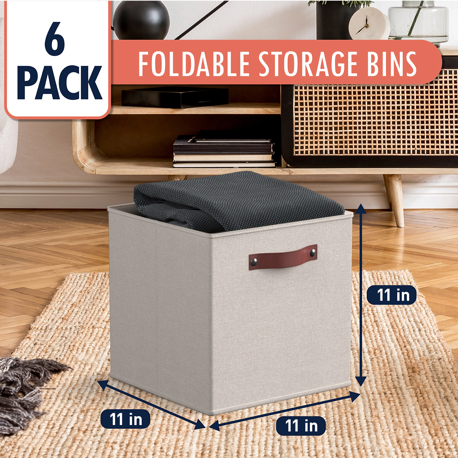 Ornavo Home 6 Pack Collapsible Linen Storage Cube Bin with Leather Handles - 11 Inch