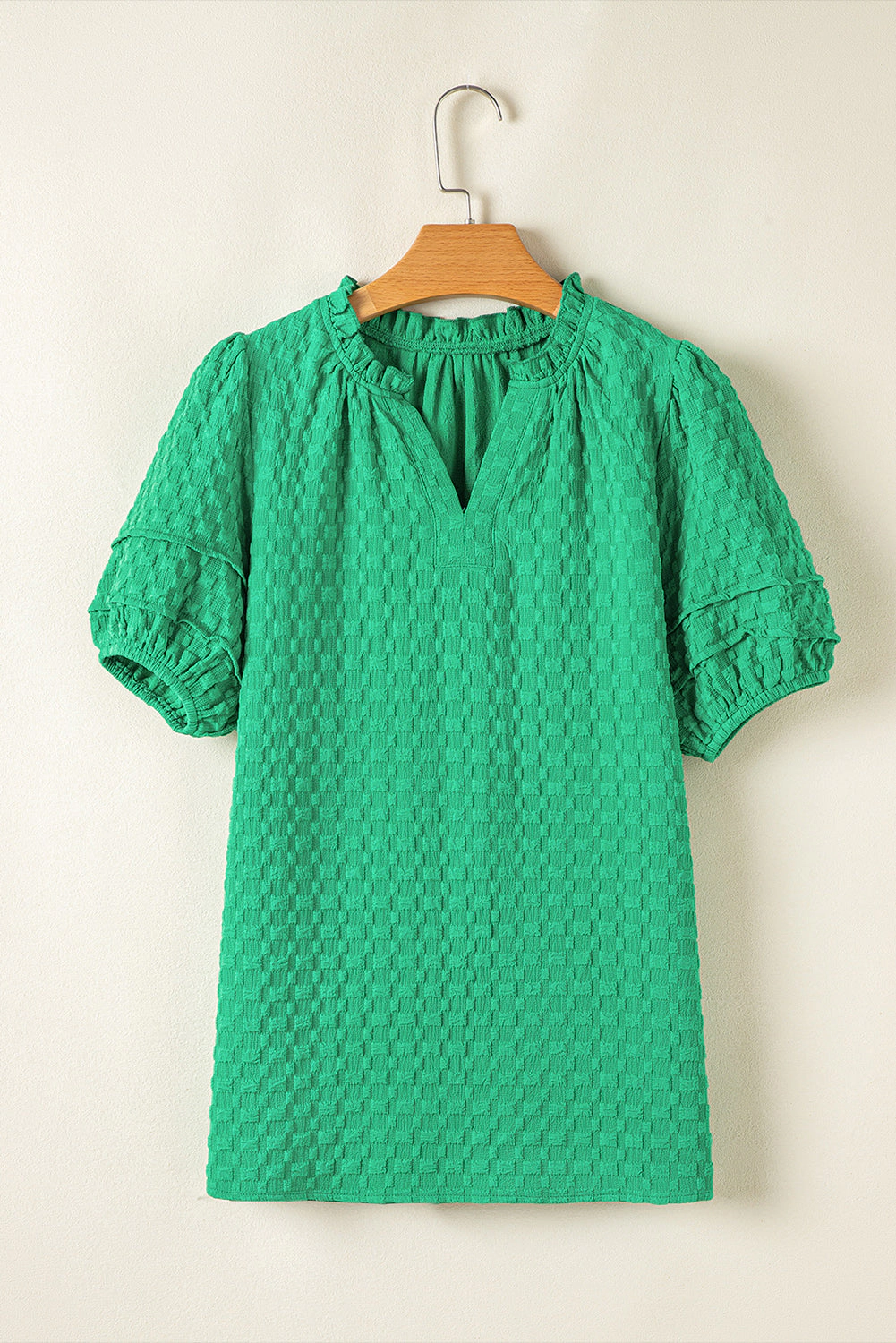 Threaded Pear Women's Kalani Textured Puff Short Sleeve Notched V Neck Top