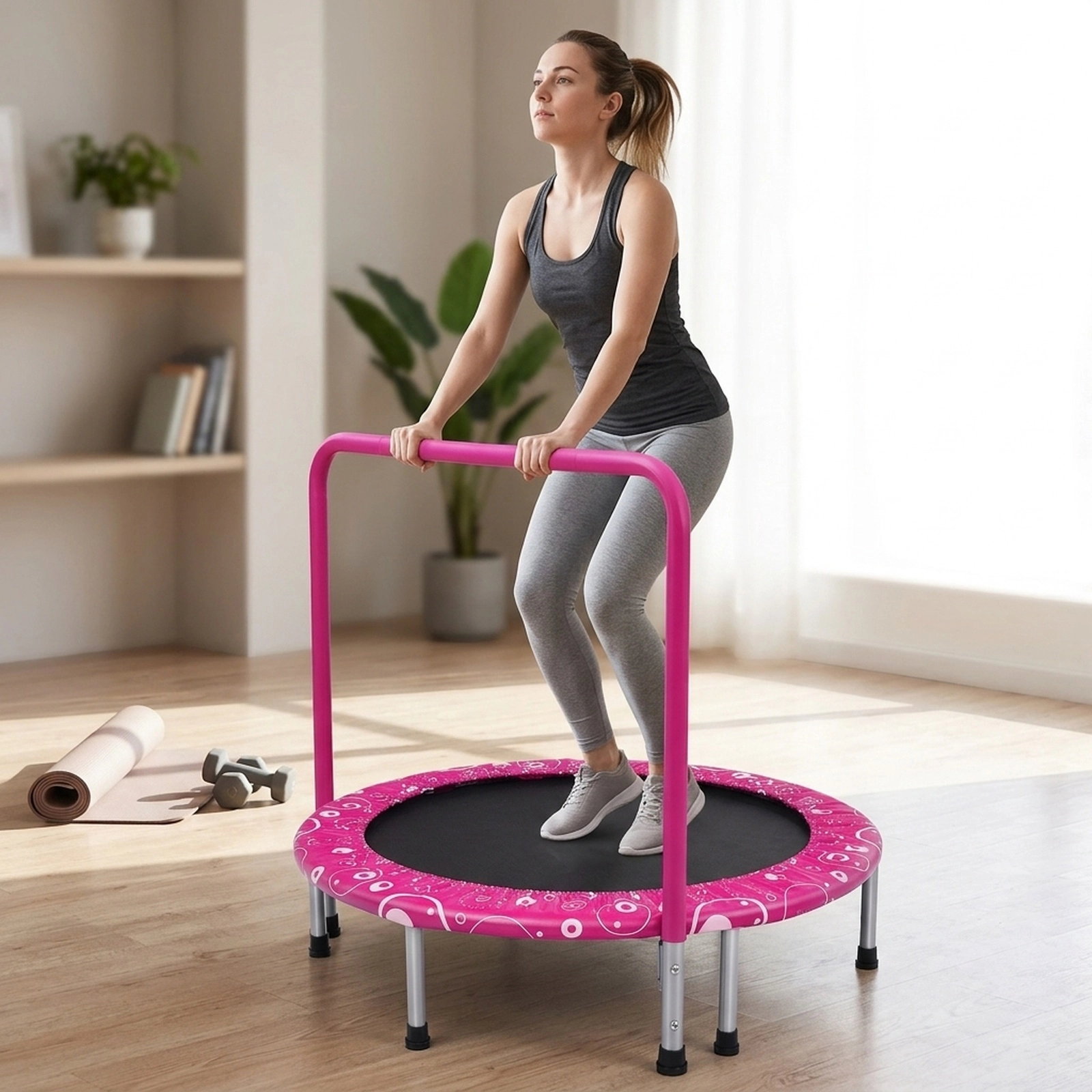 36-in Foldable Kids Trampoline Mini Rebounder Full Covered Foam Handrail 330-lb Capacity Ages 3-10 Pink Indoor Outdoor