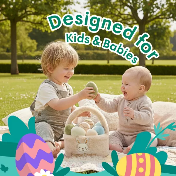 Sperric Easter Egg Plush Basket Toy Set, 9.5" Easter Egg Hunt Basket w/ Bunny Design, Soft Decorative Easter Plush Toys